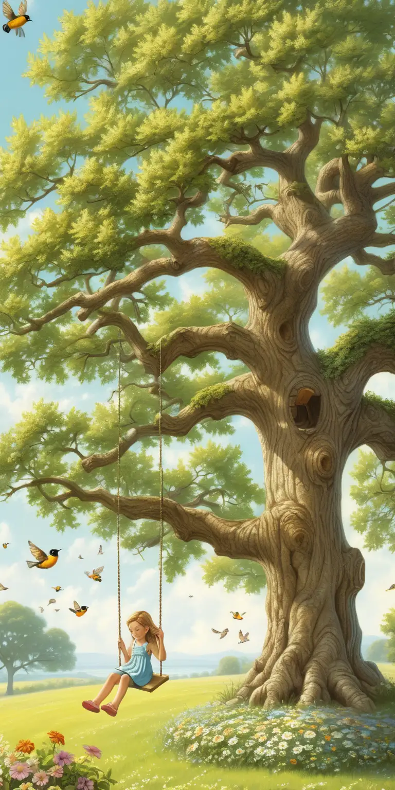 Serene Summer Scene Girl Swinging under a Majestic Oak Tree