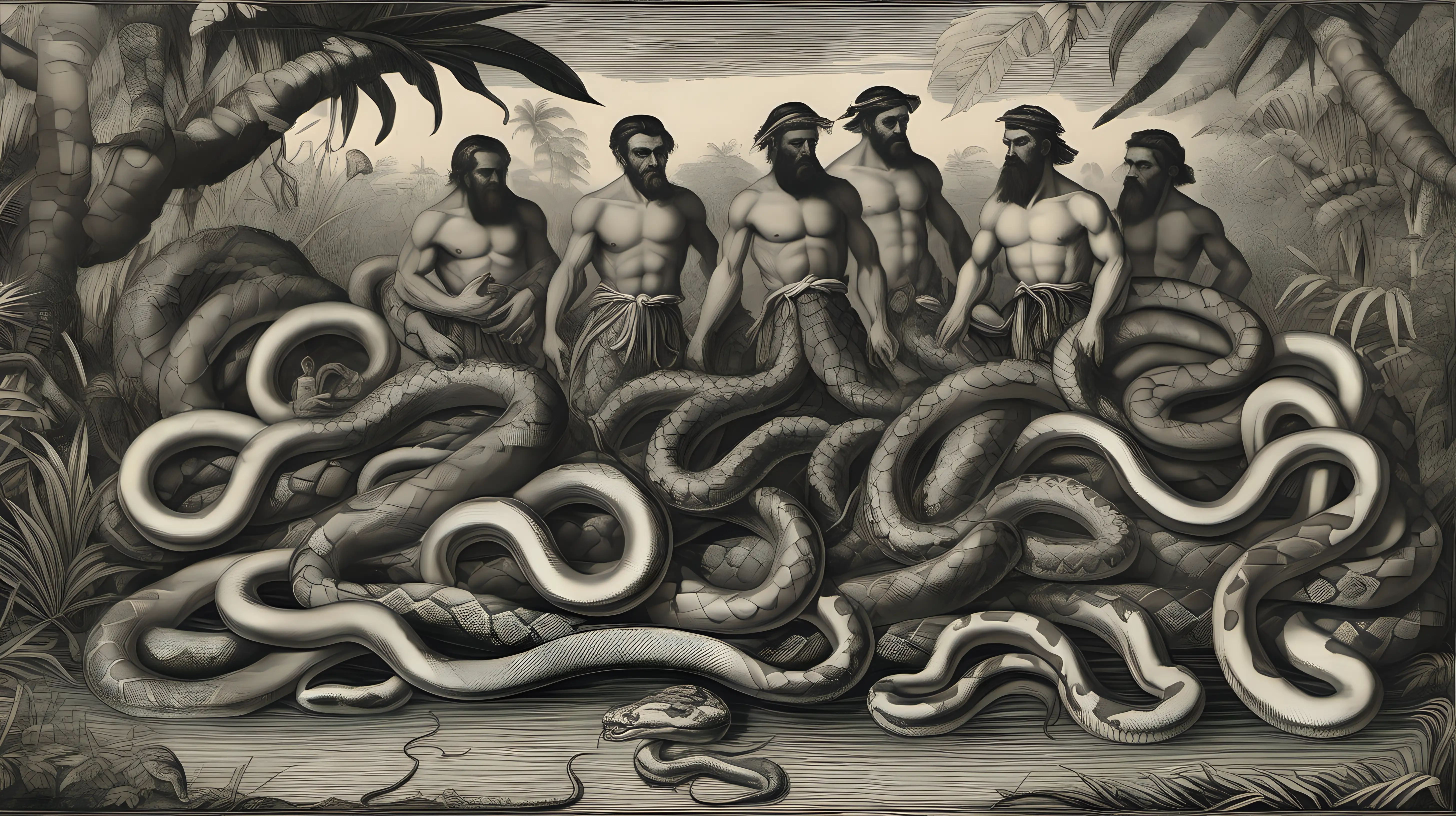 and beards braided with snakes, lay face up in the Amazon river covered in water. The men's and the snakes bodies are merging into a mass limbs, hair, and snakes, undifferentiated. It is raining and the scene is very humid, they're surrounded by wet jungle. In the style of theodore de bry, without any text captions. Duotone.