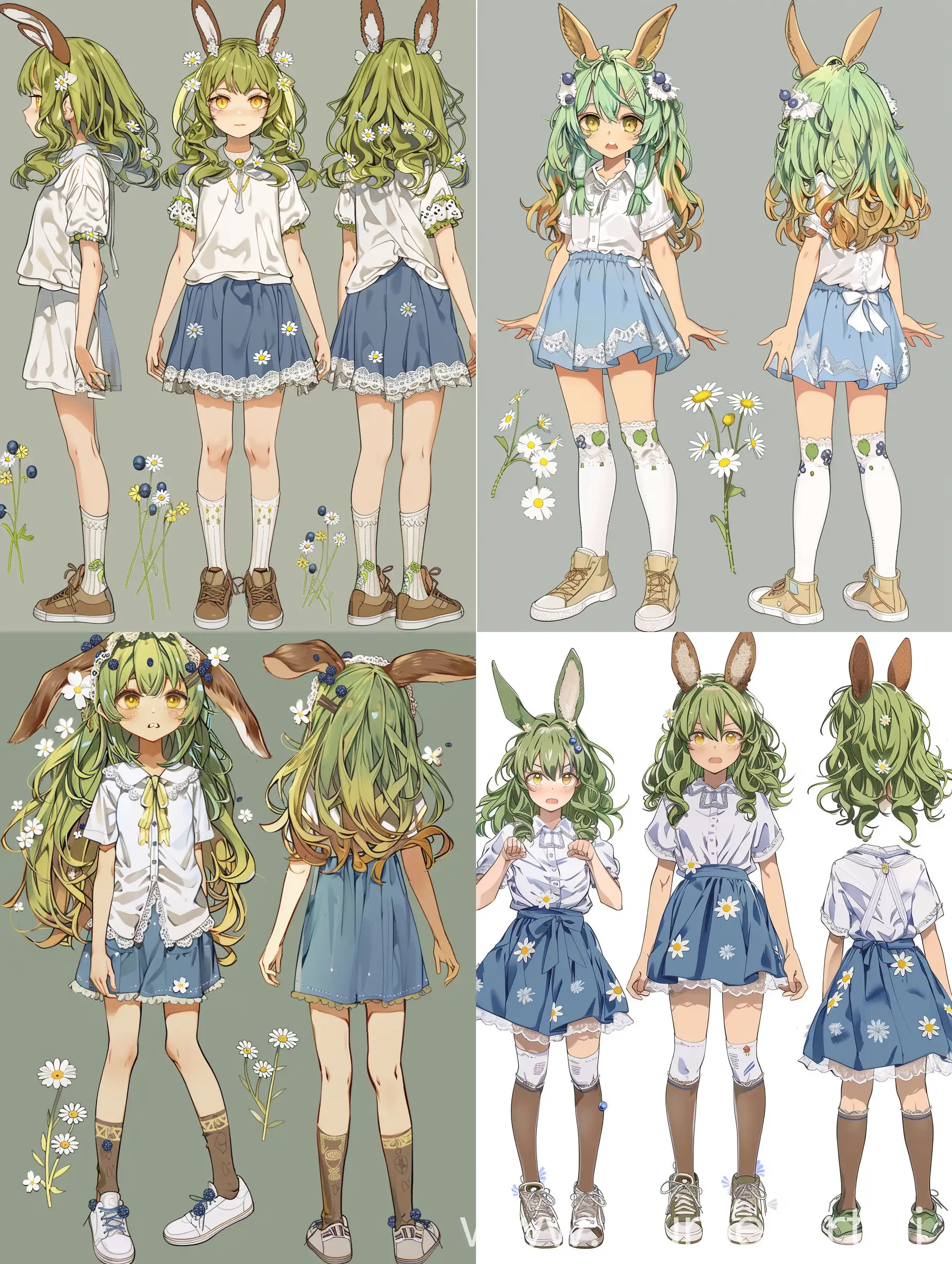Full length girl, anime style, green wavy hair, brown bunny ears, yellow eyes, pale skin, white shirt with lace on the collar, blue knee-length sundress, knee-high socks, sneakers on her feet, daisies on clothes, blueberries on hair, multiple views.