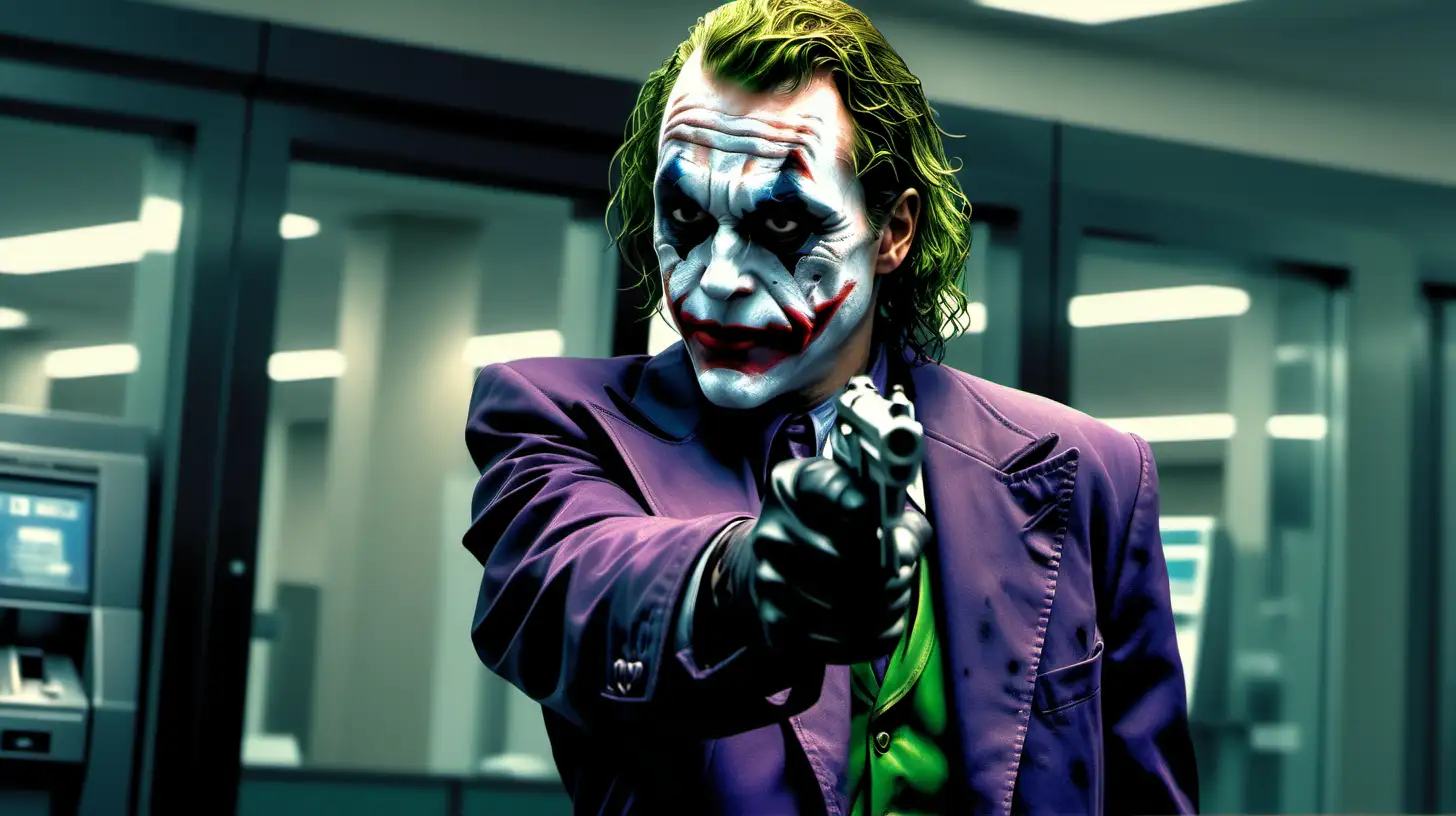 The Joker from the movie robbing a bank using a pistol, fine detail.