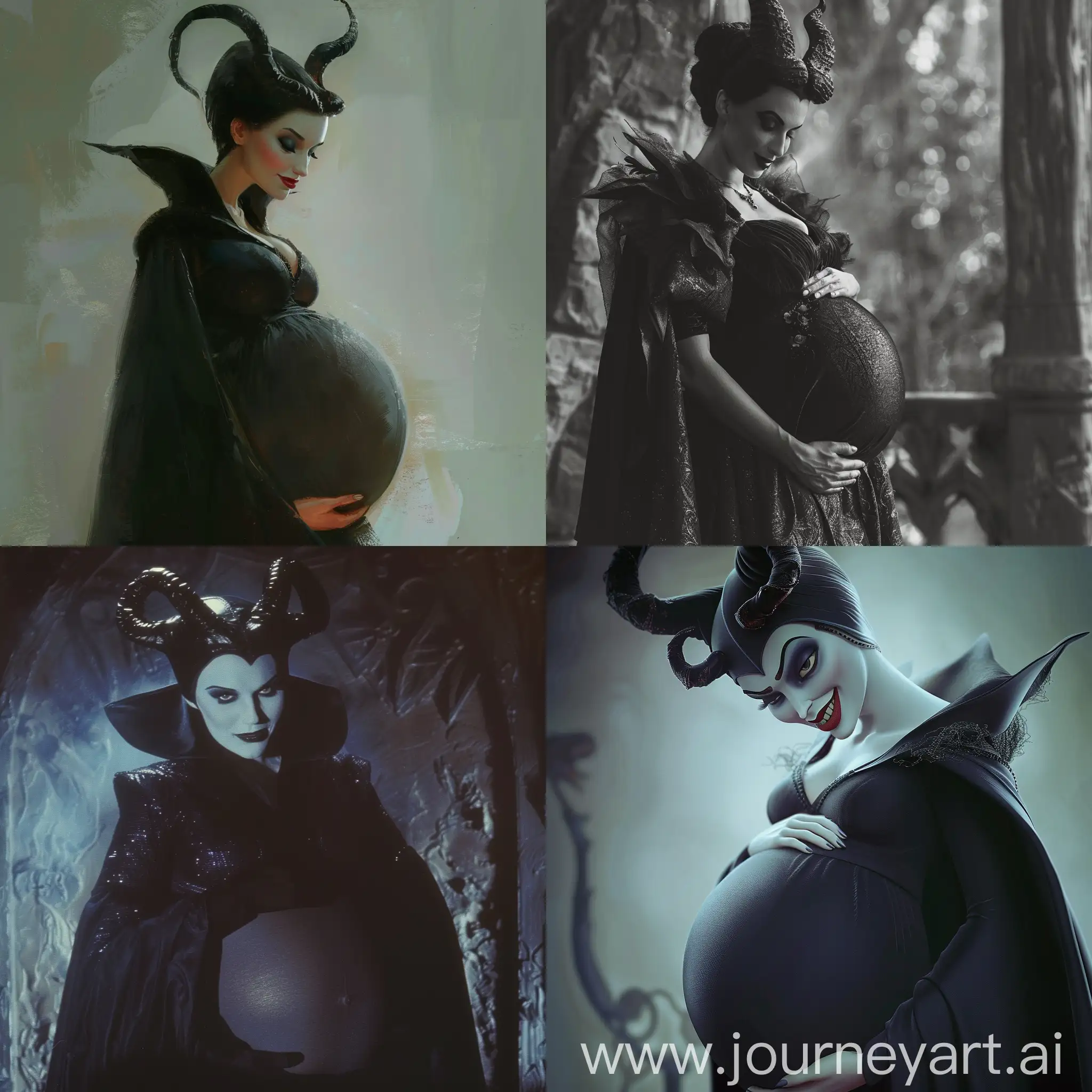 Maleficent, Very Pregnant, Her pregnant belly is very large. She's looking down at you beneath her tummy.