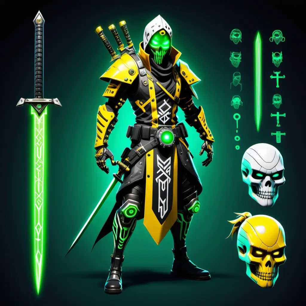 Magical Paladin Warrior with Cyberpunk Skull Mask and Glowing Runic Clothing