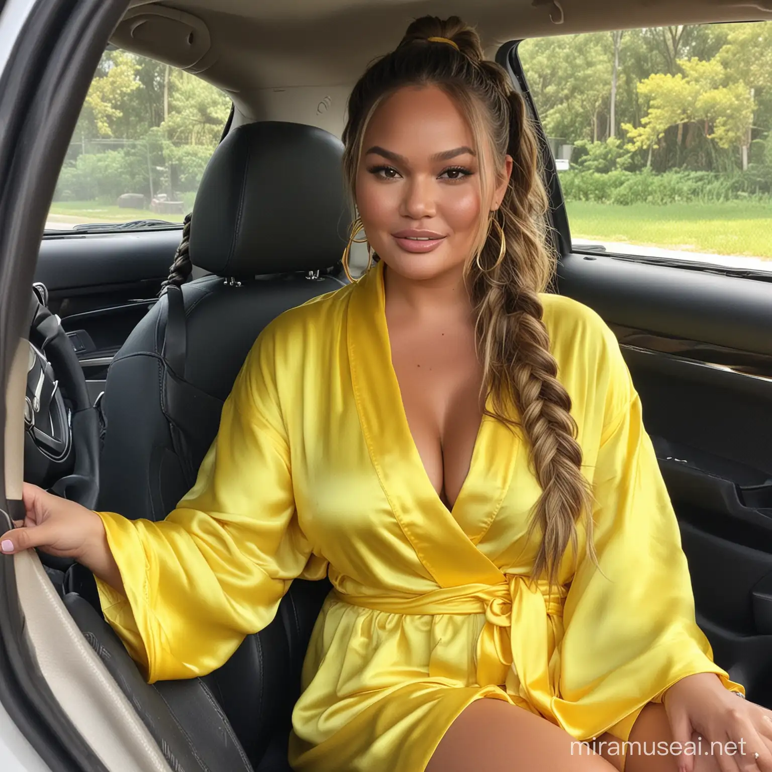 chrissy teigen in a bright neon yellow short silk robe, hair in two long braids, in the back seat of a car, wearing large hoop earrings, bbw, giant breast, massive cleavage