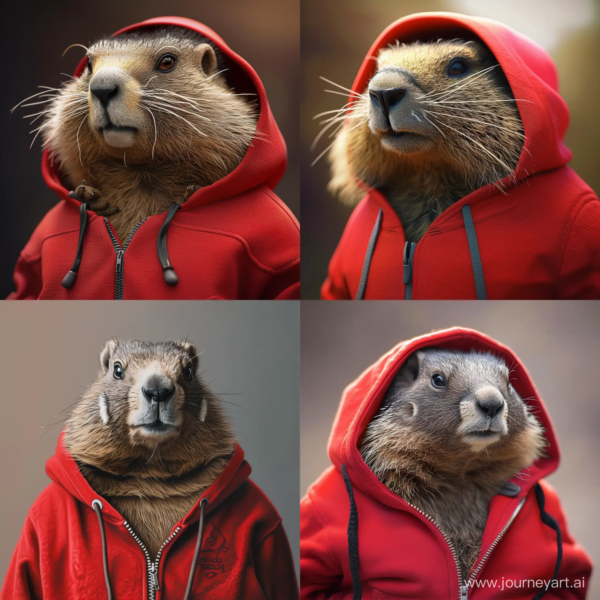 Fat himalayan marmot in red hoodie, realistic --style raw