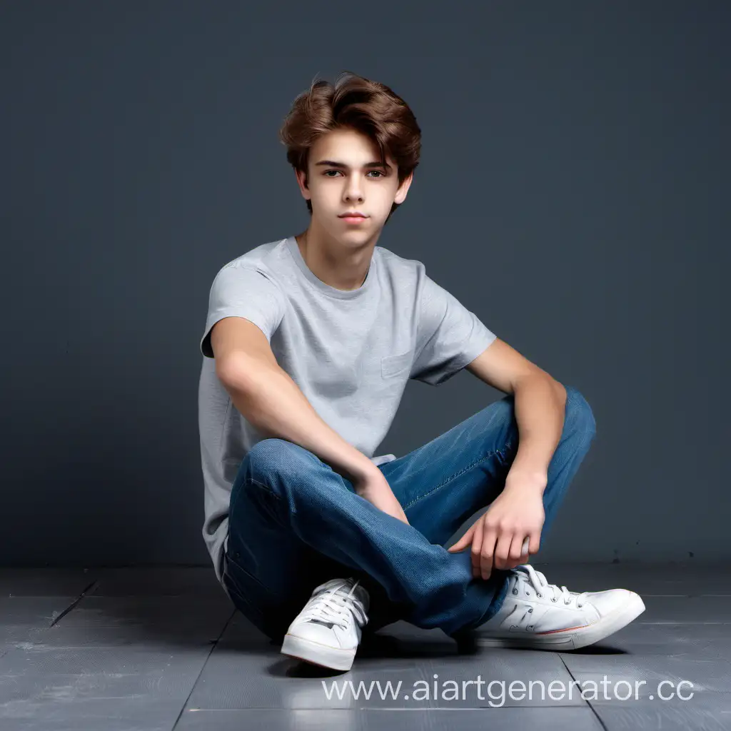 beutiffull boy, 
18 years old, chestnut, model hair, slim,
gray T-shirt, blue jeans, white sneakers, full length, sitting on a gray floor, music studio background