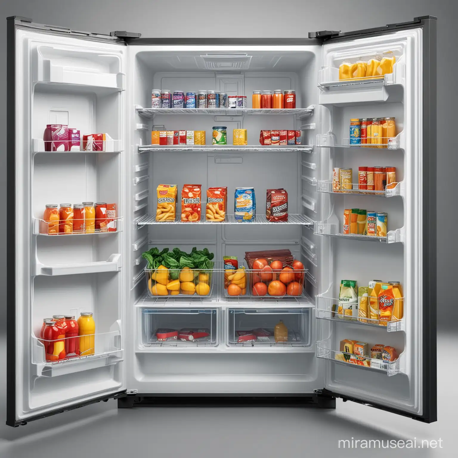 full frontal view of photorealistic food packages in the kitchen refrigerator with empty parts in the form of a Tetris game