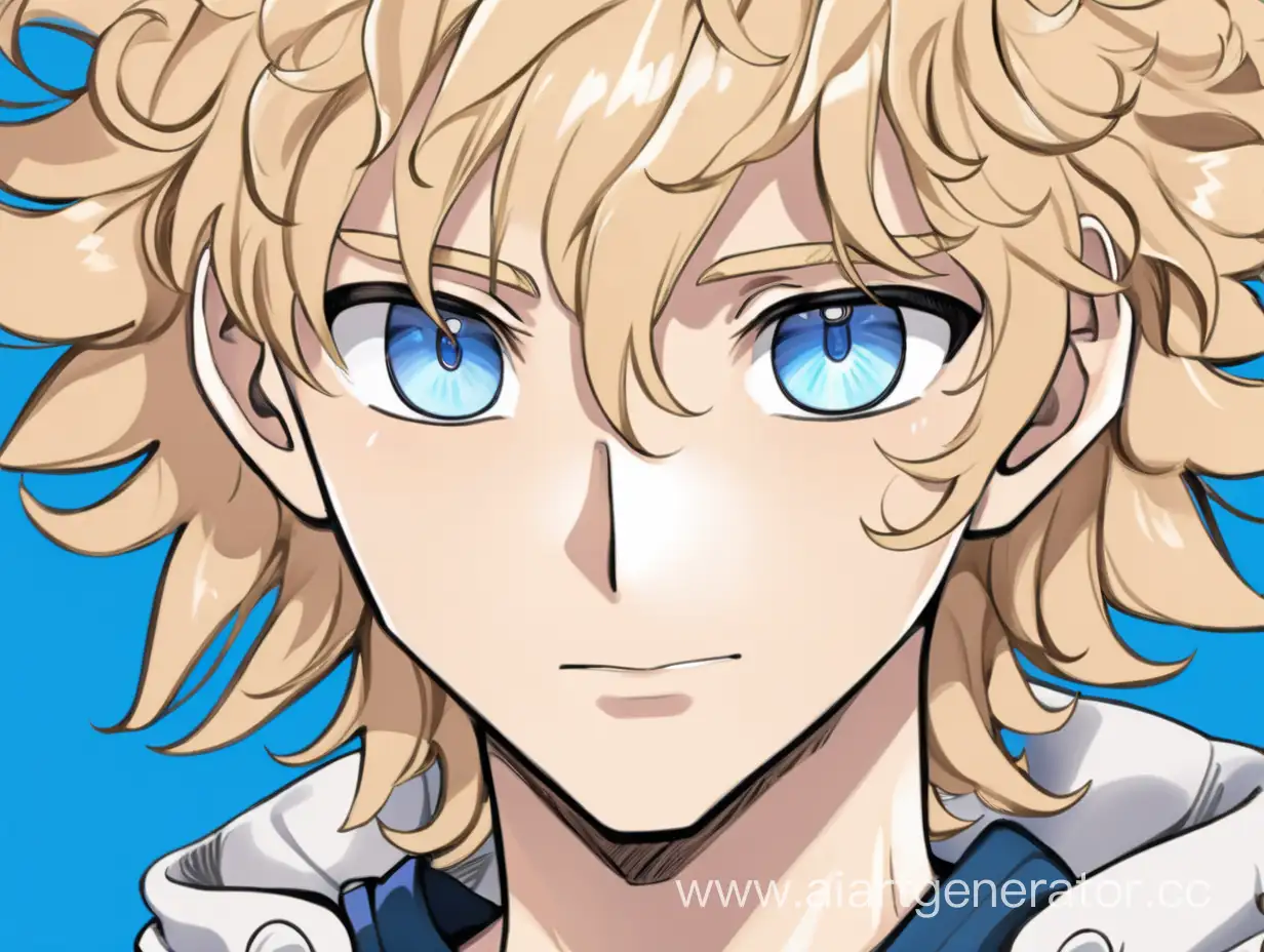 кудрявый мальчик с русыми волосами с голубыми глазами в стиле аниме