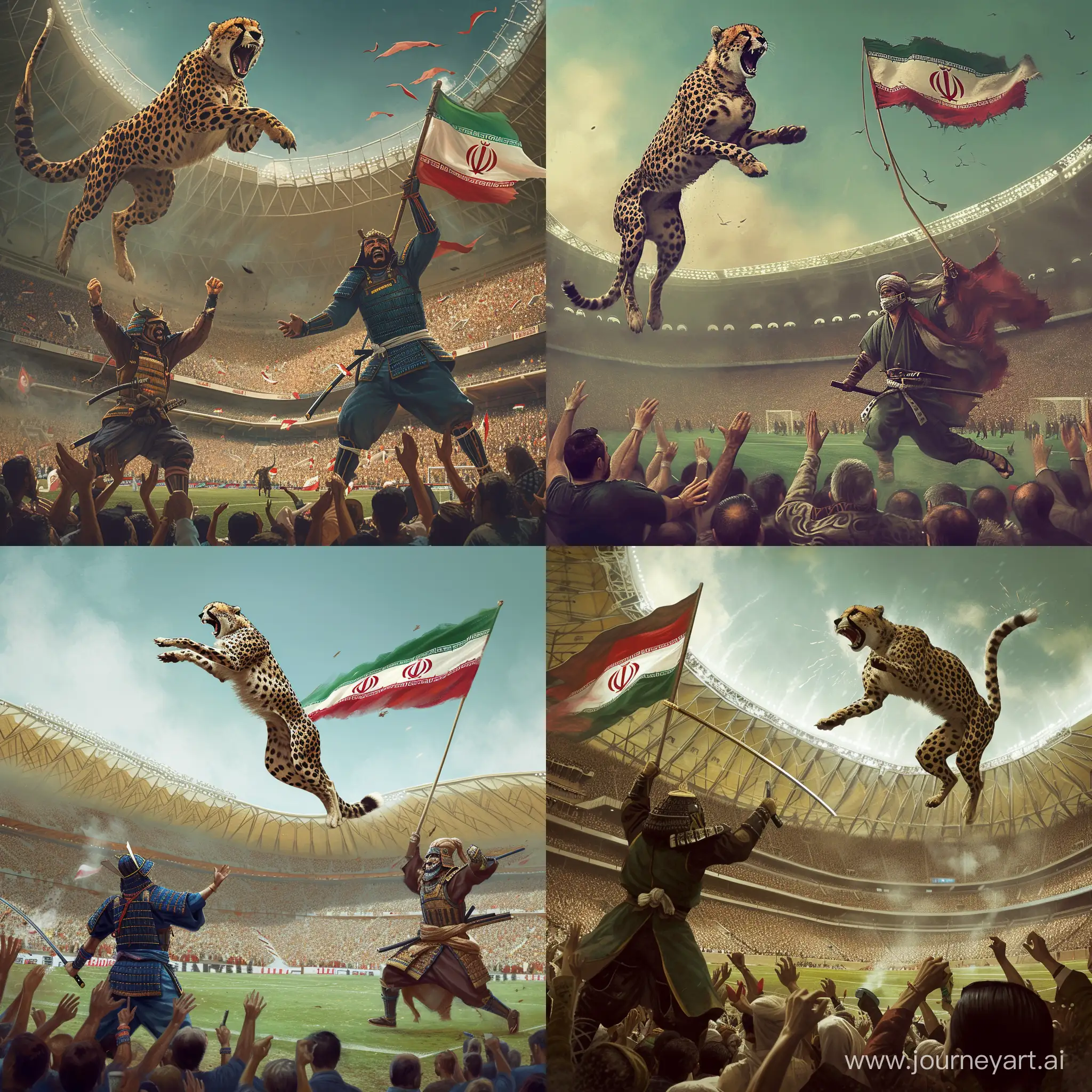 an angry asiatic cheetah jumping and prowling a samurai, this happens in a football field and everyone in stadium are applausing Iran football team and swinging Iran's flag.
