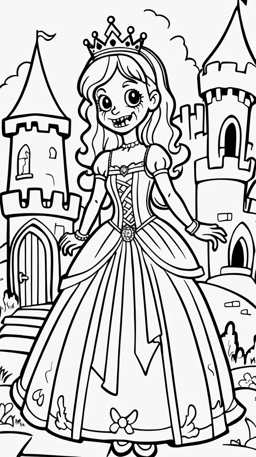  coloring book image, thick black line, friendly happy looking zombie character who is a princess, castle background