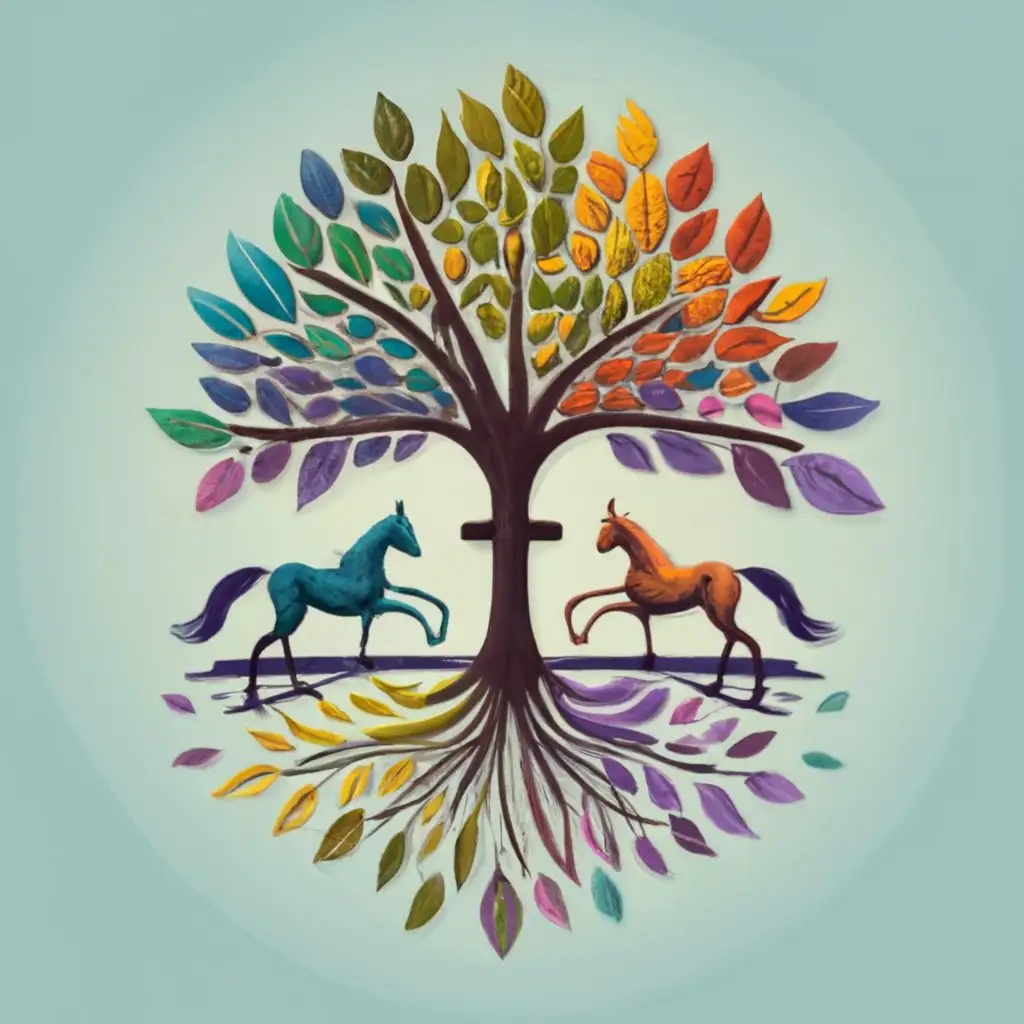 logo, A tree with leaves of different colors ranging from yellow, green, blue to purple and roots with a horse and Christian cross with white background, with the text "Guardian Grove
Embracing Hope", typography, be used in Religious industry