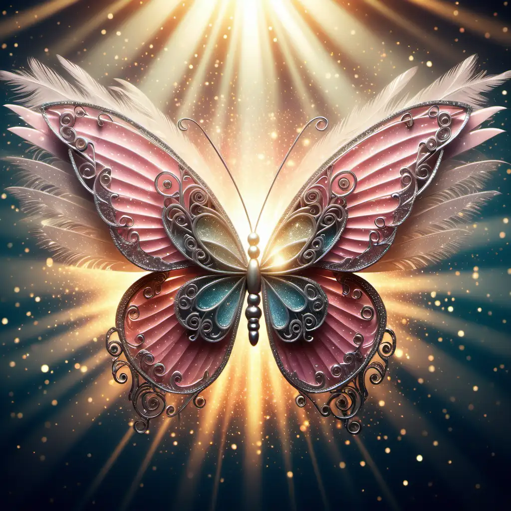 Radiant FeatherWinged Butterfly with Glittering Sun Rays and Sparkling Roses