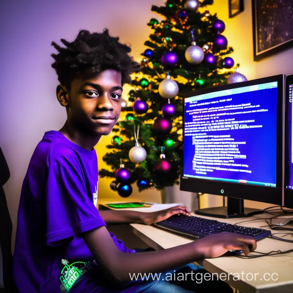 Парень 16 лет сидит за ярким как елка компьютере при этом пишет код. На заднем плане фотография с футболом.  На теле ярко фиолетовая футболка с надписью dead incide. 