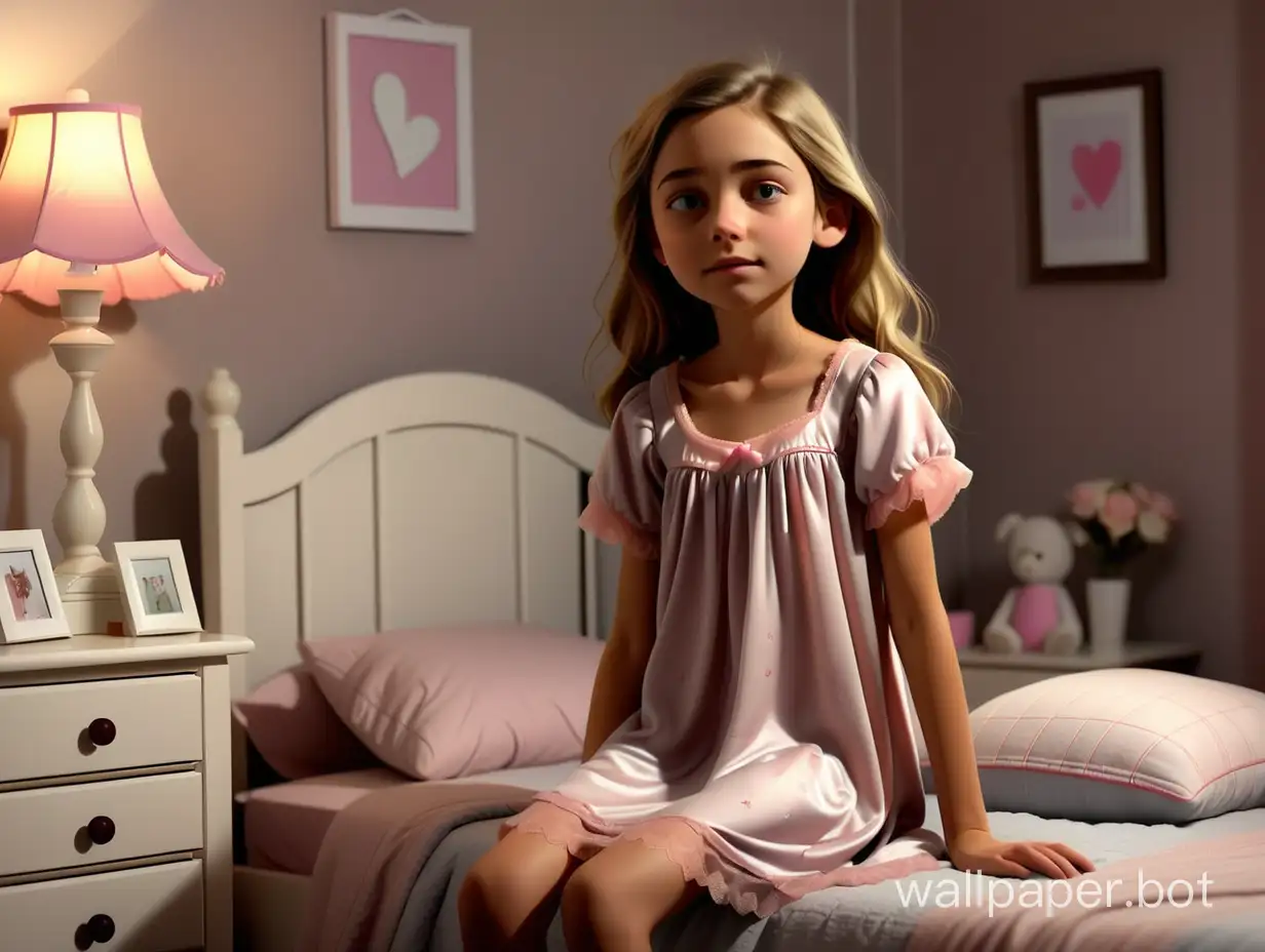 11-year-old girl goes to sleep in a short nightgown in a cozy bedroom romance