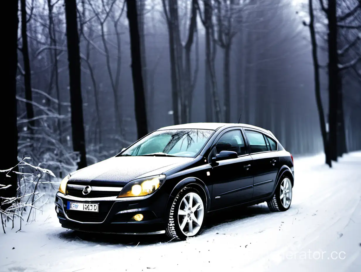 Sleek-Opel-Astra-H-Amidst-Enchanting-Black-Winter-Forest