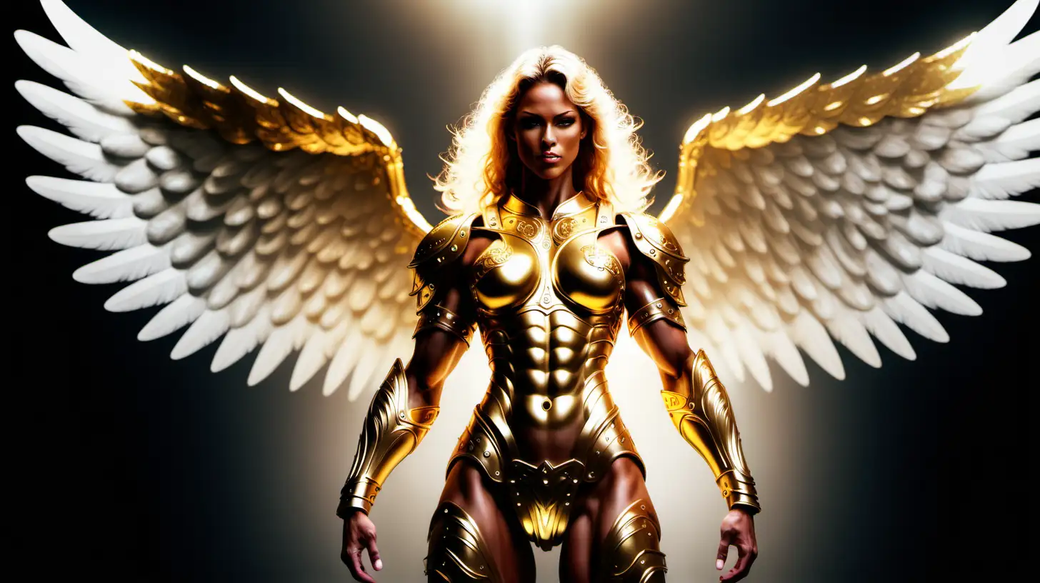 An strong muscular woman angel that glows in golden godly armor