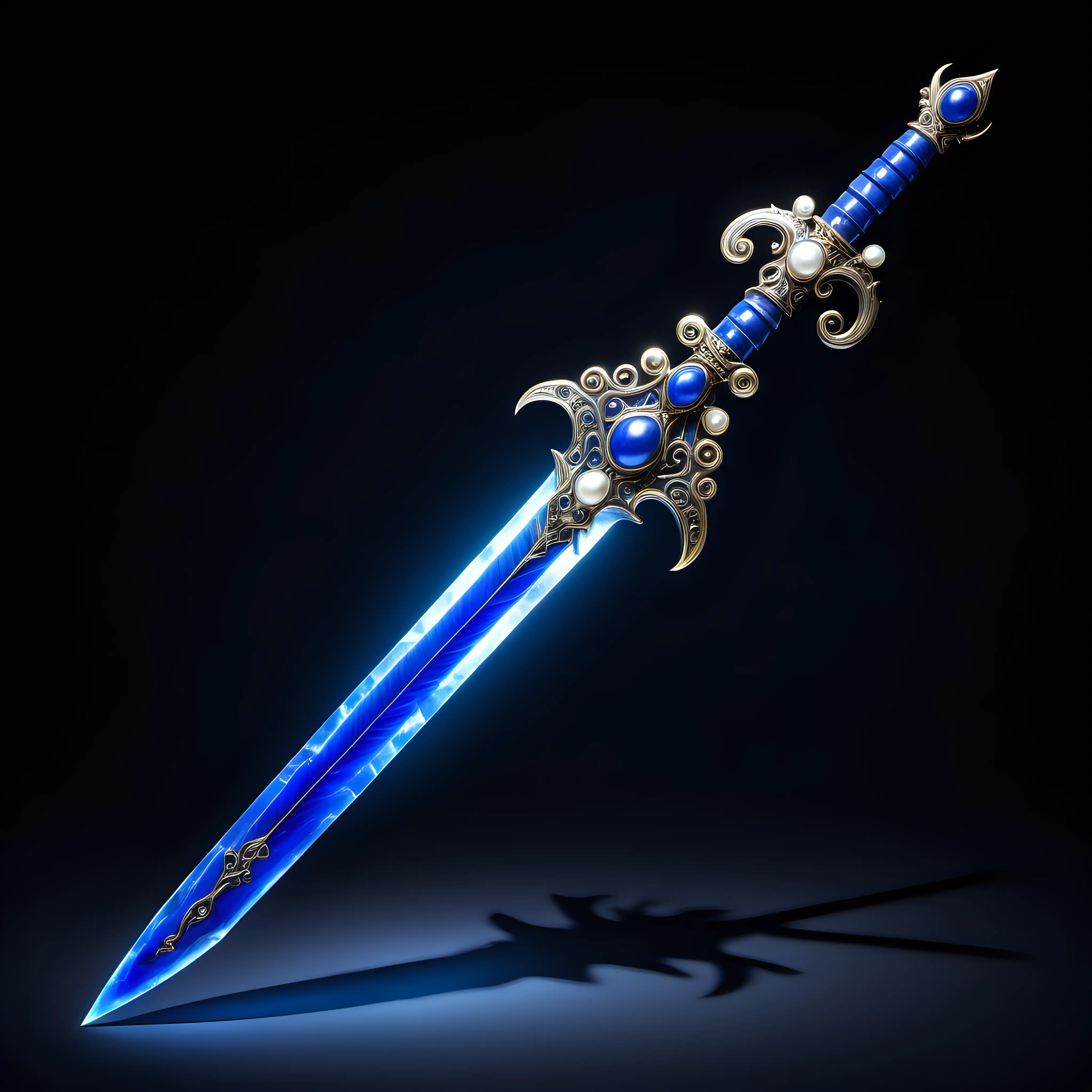 A luminous lapis sword with three glowing, thin pearl rods that begin at the guard and spiral around the blade to the tip