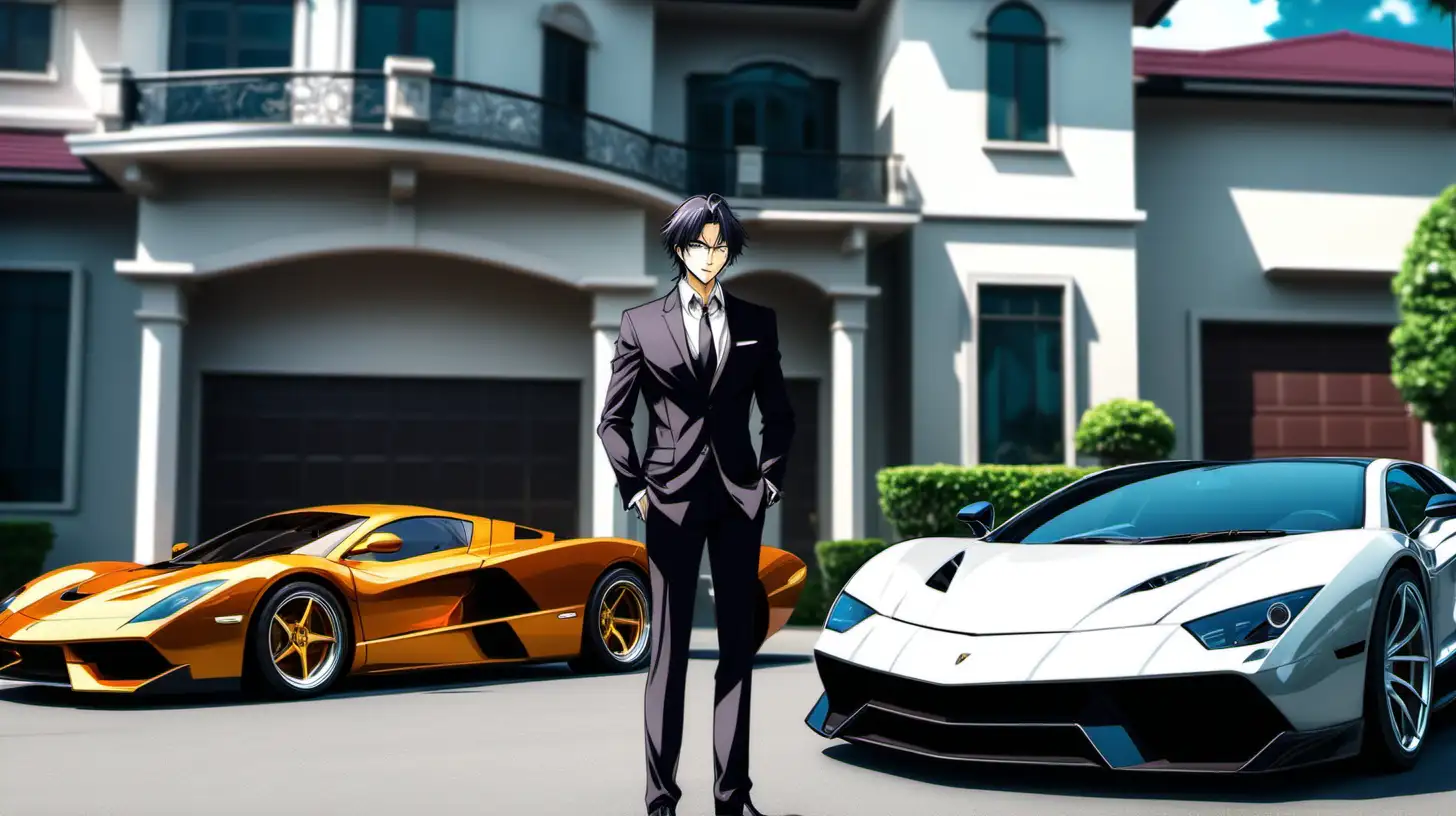 A rich man dressed in a suit standing in front of his mansion with his super cars parked in front of the garage, anime style