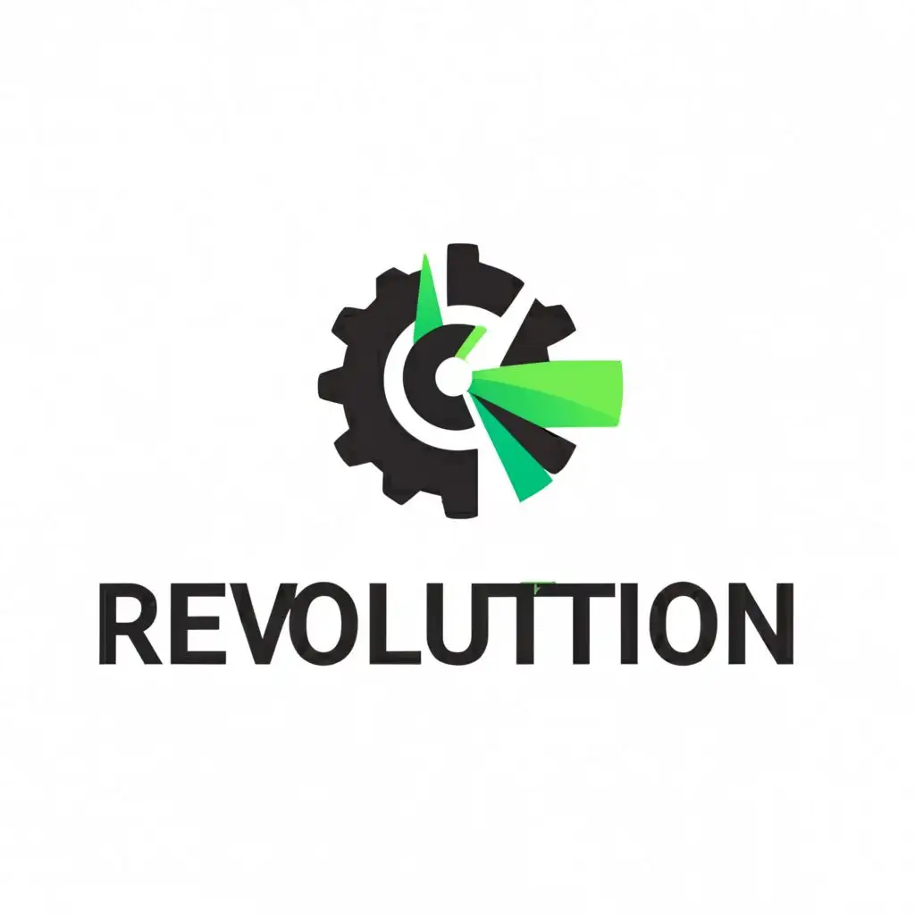 a logo design,with the text "Revolution", main symbol:black, green, dark green, modern, minimilistic, cog wheel, F1,Minimalistic,be used in Technology industry,clear background