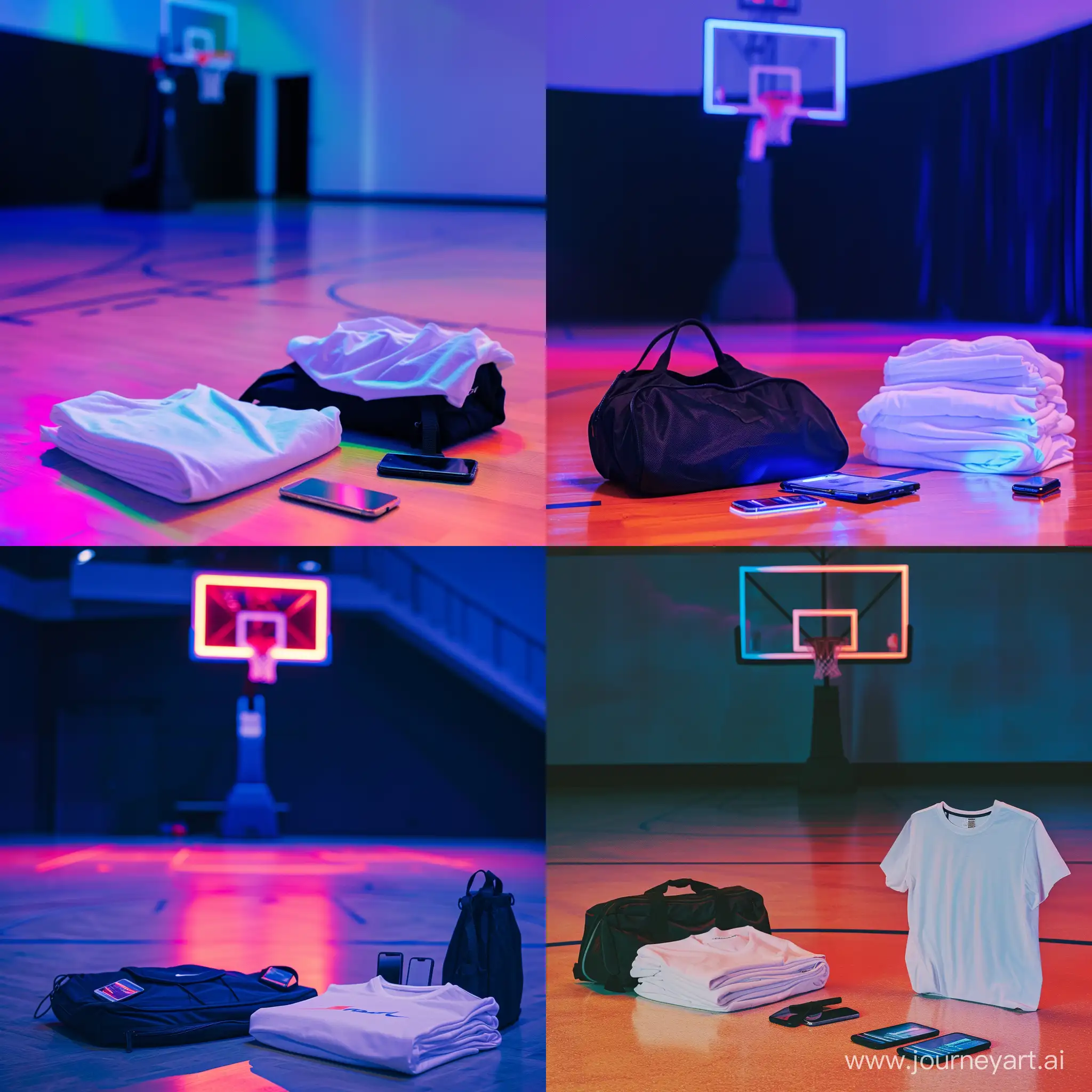 On the right side of the image folded white t-shirt, mobile phones and black sports bag on a basketball court. Basketball hoop in the background. All in neon colors. Image is from the distance.
