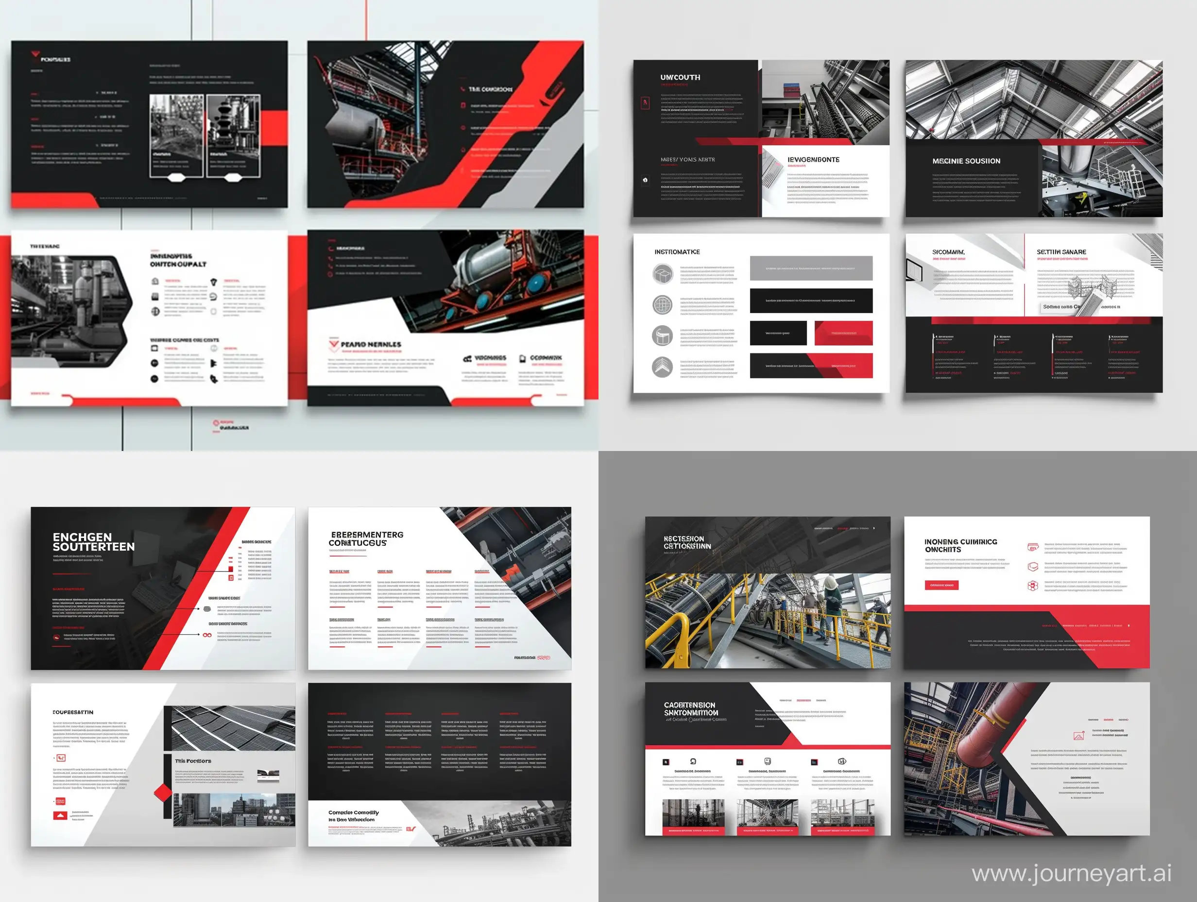 дизайн 4 слайдов презентации инженерной компании в черных, белых, серых и красных цветах