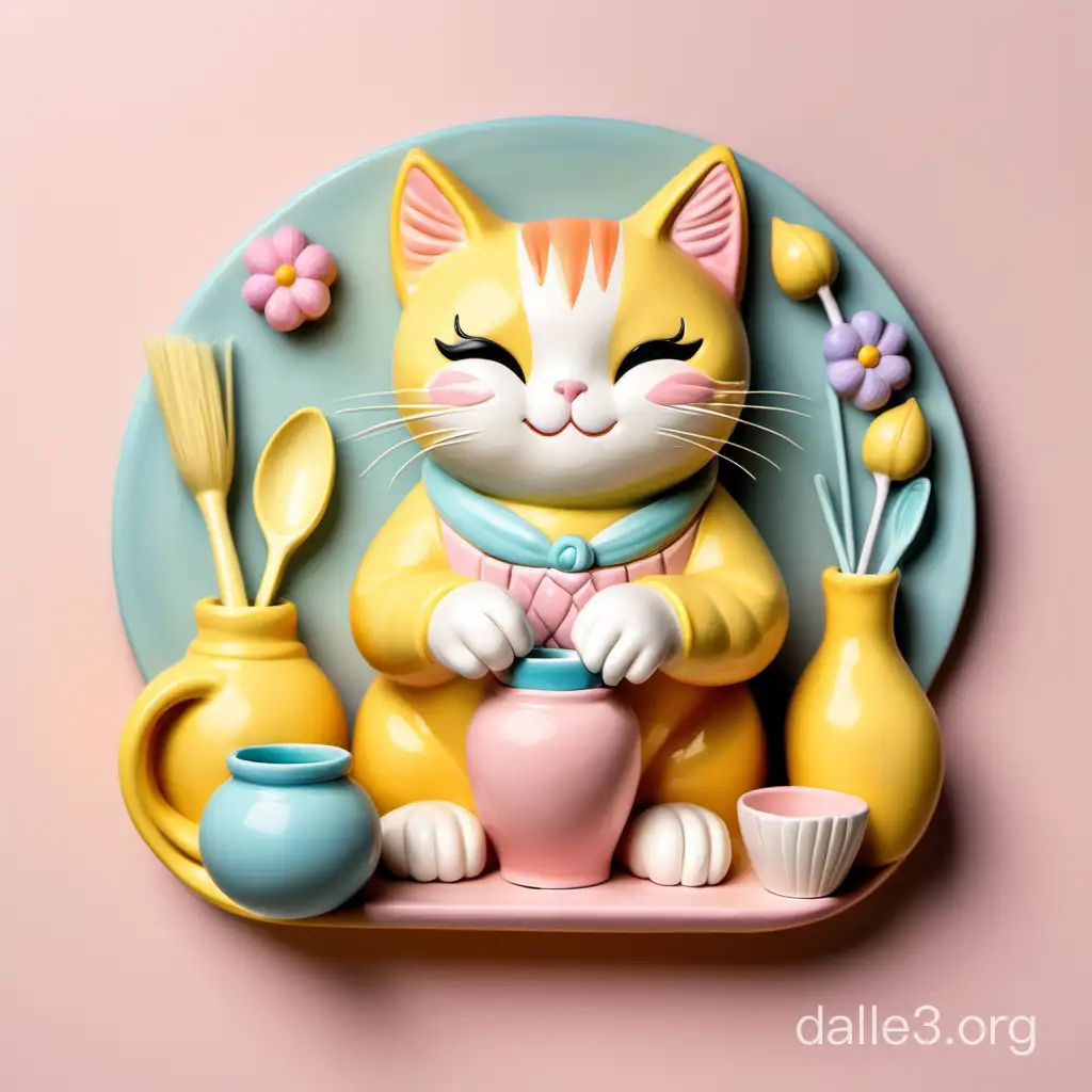 gato tierno y amarillo haciendo cerámicas, para logo, con colores pastel