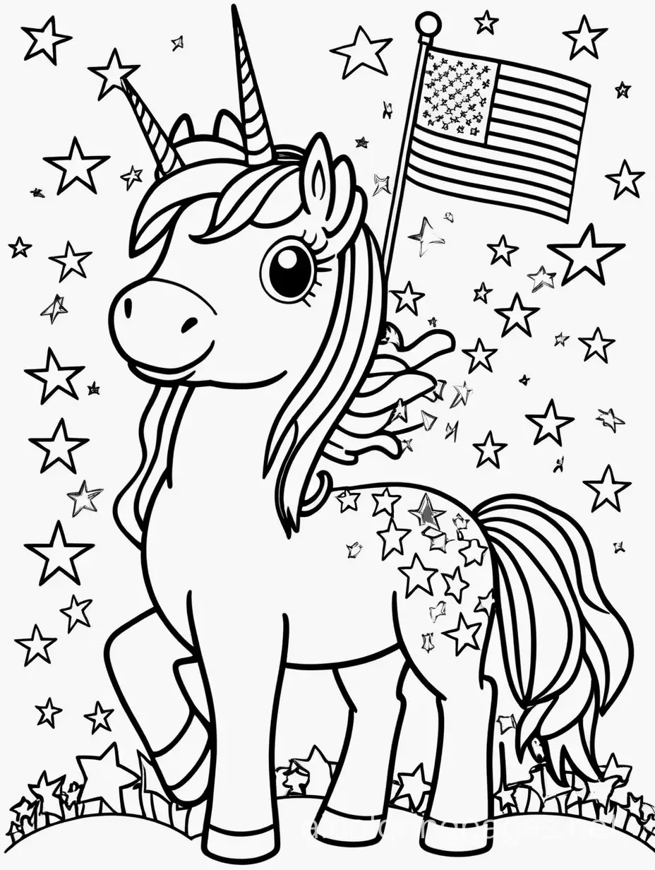 Unicorn celebrating the 4th of July with fireworks and an American flag.


, Coloring Page, black and white, line art, white background, Simplicity, Ample White Space. The background of the coloring page is plain white to make it easy for young children to color within the lines. The outlines of all the subjects are easy to distinguish, making it simple for kids to color without too much difficulty
