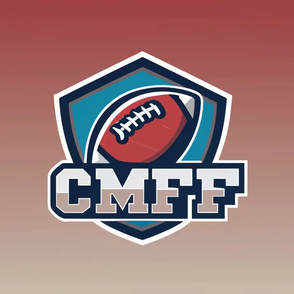 logo, Shield logo with American football. Red, blue and white color., with the text "CMFF", typography, be used in Sports Fitness industry