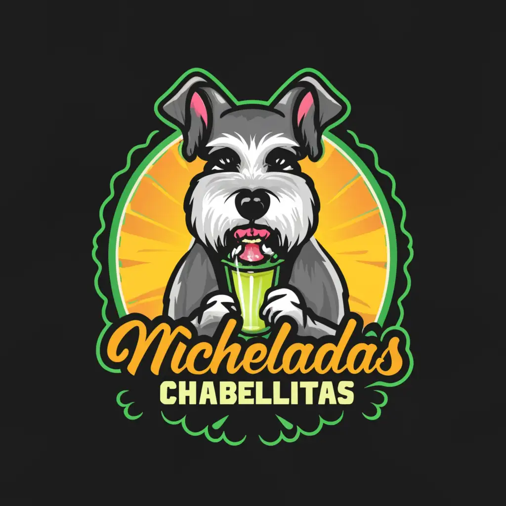 a logo design, with the text 'Micheladas Chabelitas', main symbol: Schnauzer dog drinking tropical neon green michelada, complex, to be used in Restaurant industry, clear background