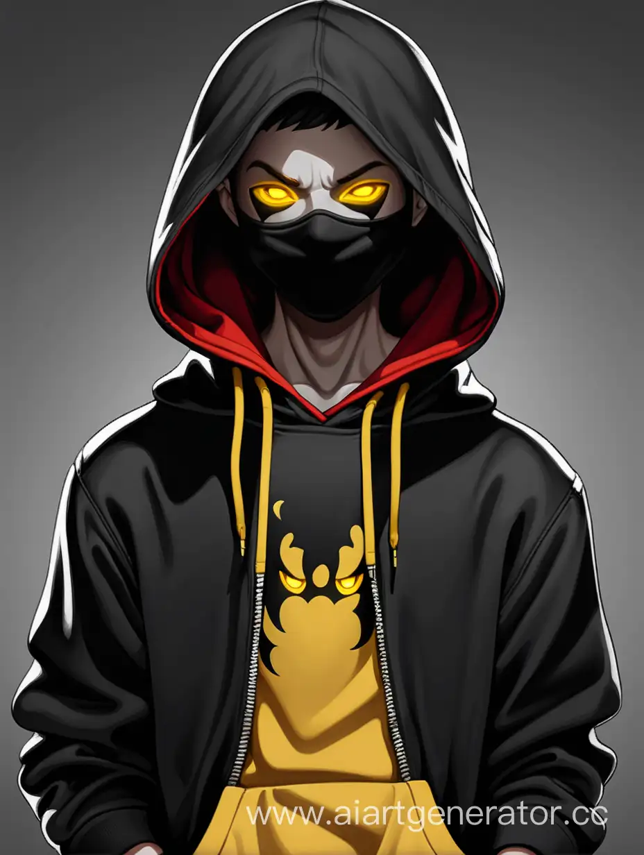 The boy in a black mask with red eyes, a black hoodie with a hood on, and yellow pants.