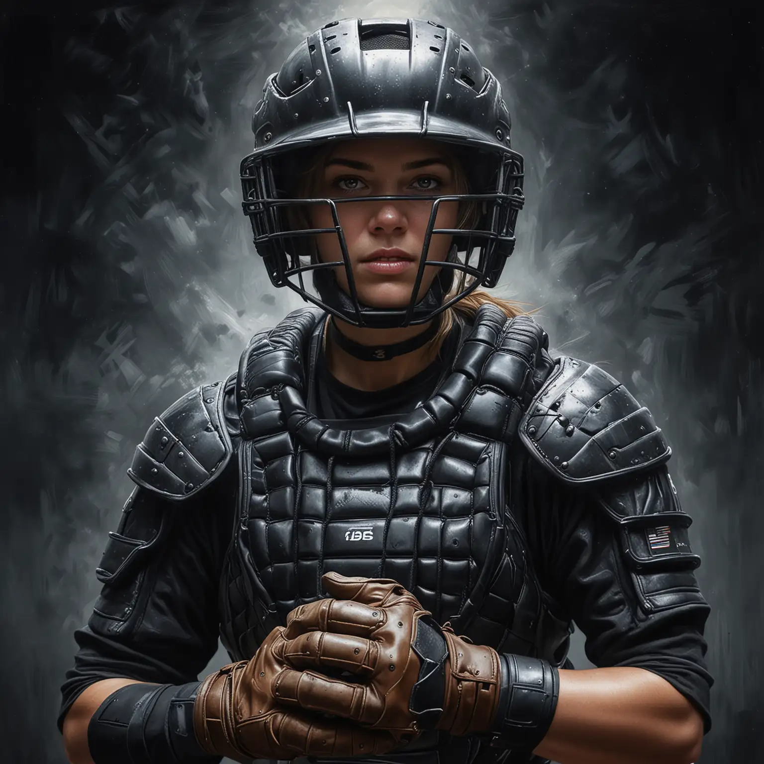 a futuristic softball catcher in full gear, dramatic with exaggerated features, dark atmosphere, hyper realistic oil painting, a stark contrast between light and dark 
