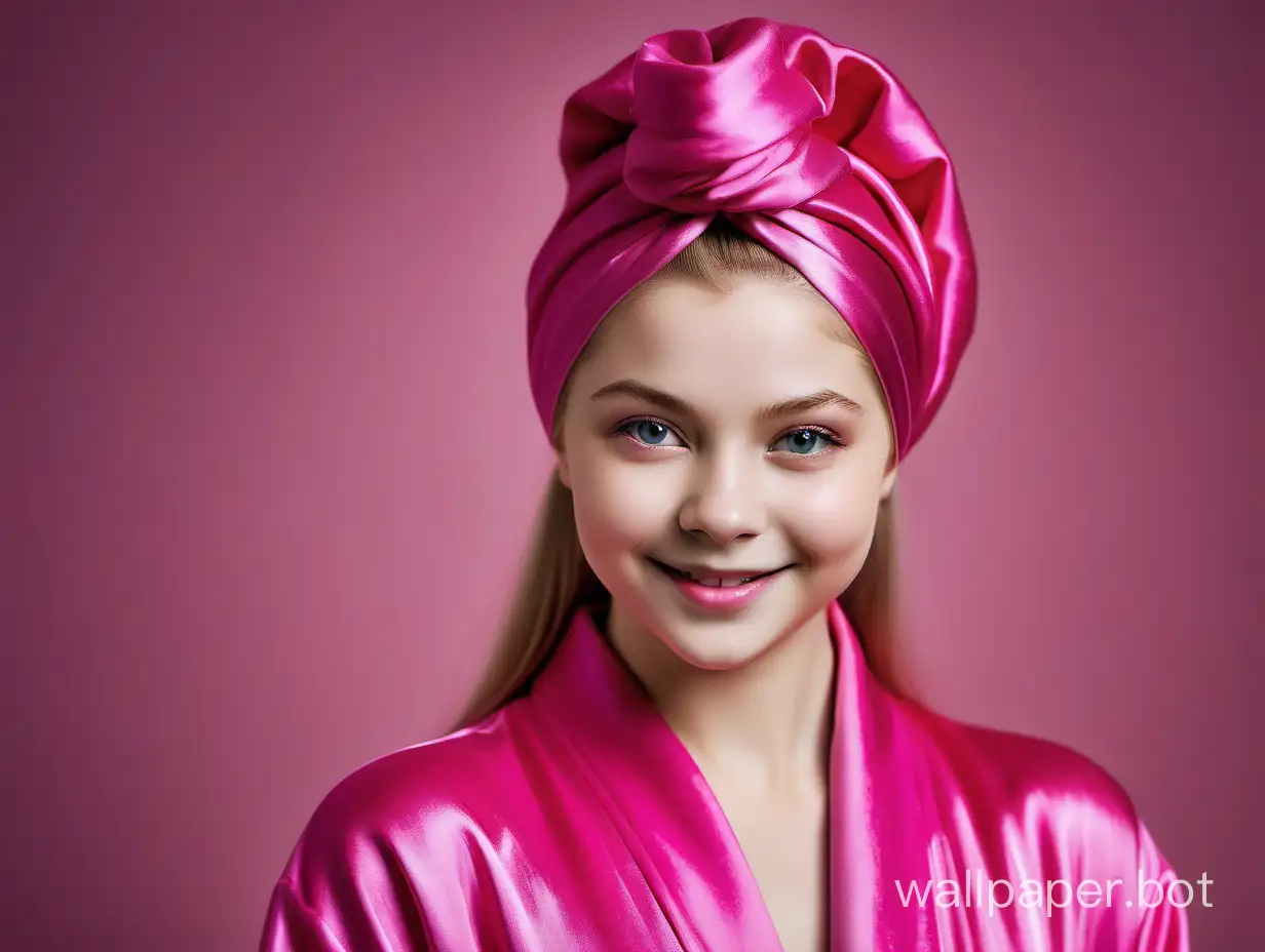 Gentle, sweet, young girl Yulia Lipnitskaya with long straight silky hair gently smiles in luxurious pink sweet fuchsia Silk Robe and pink sweet fuchsia silk Towel Turban