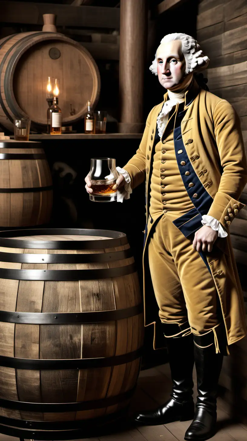 Generate an image of George Washington inside his whiskey distillery. Use earthy tones and textures to convey an 18th-century ambiance. Include workers in period clothing. he is drinking whiskey from a glass