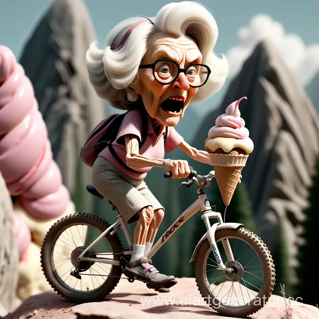 The name ROCK THE ROAD, on a mountain bike for ice cream, old grandma