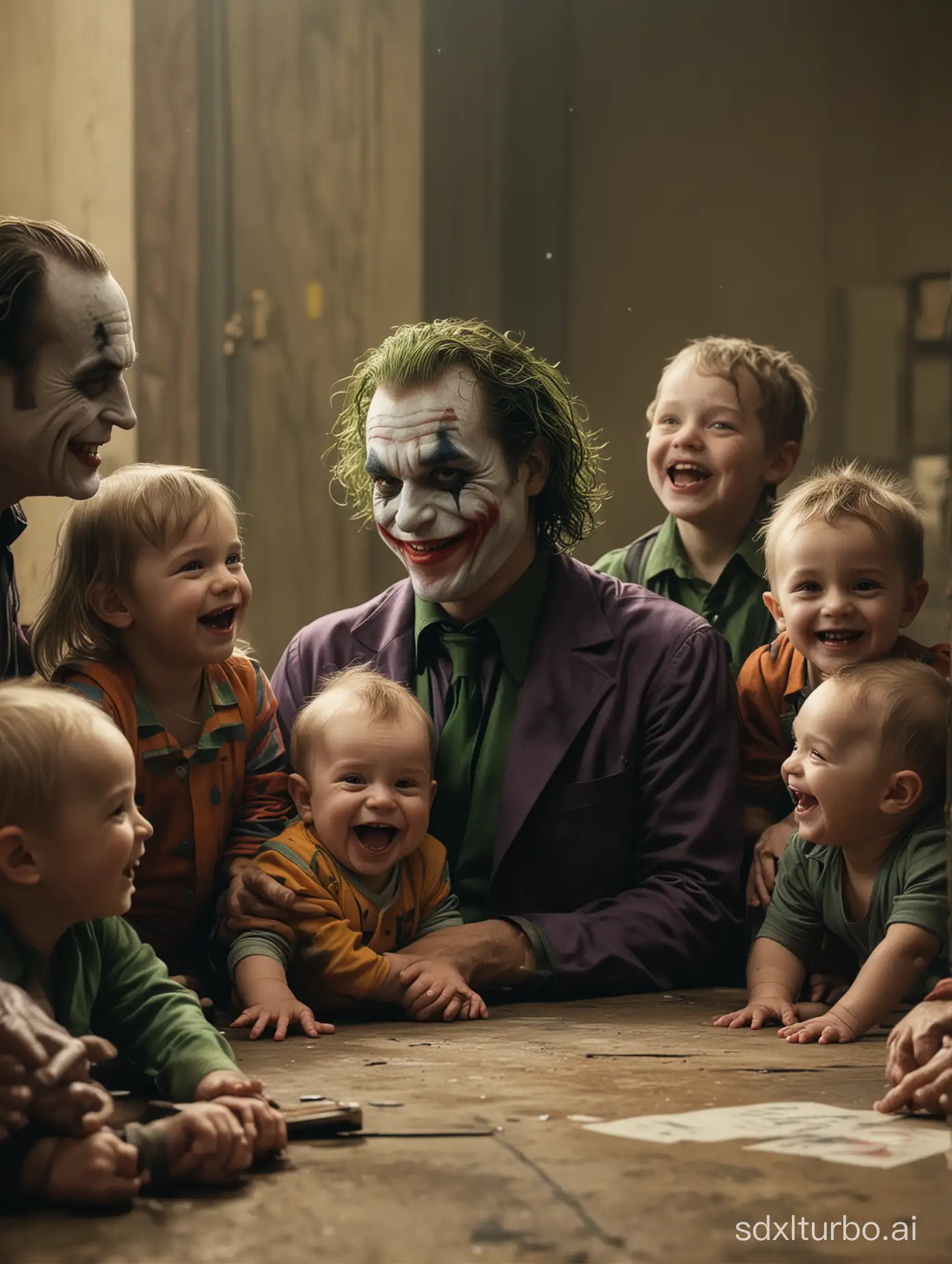 Masterpiece, top quality, ultra-fine, real, 4k, 8K, babies and the Joker interacting with smiles