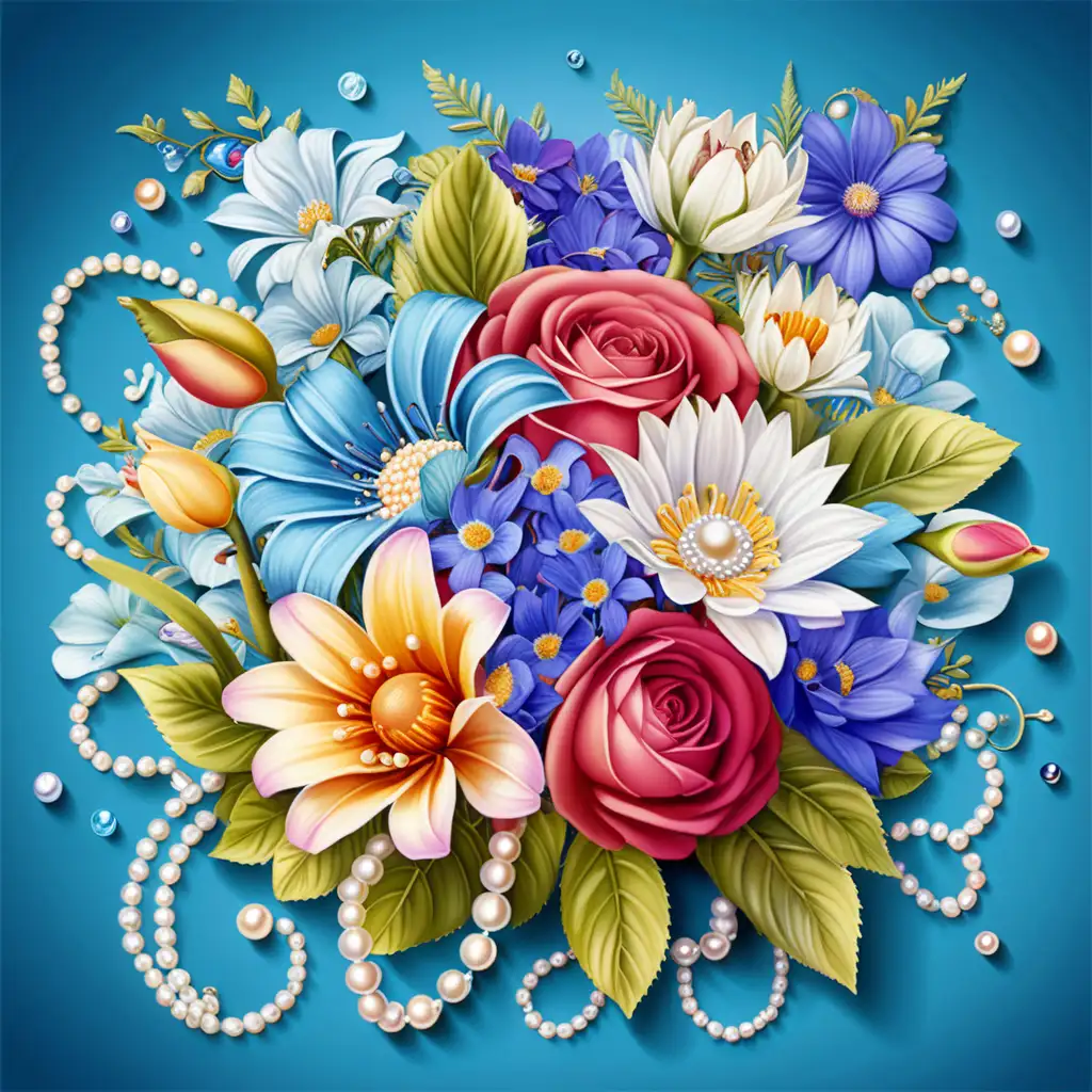 Colored page with very defined beautiful and happy top flowers bouquet on a gorgeous blue background witn pearls ornaments