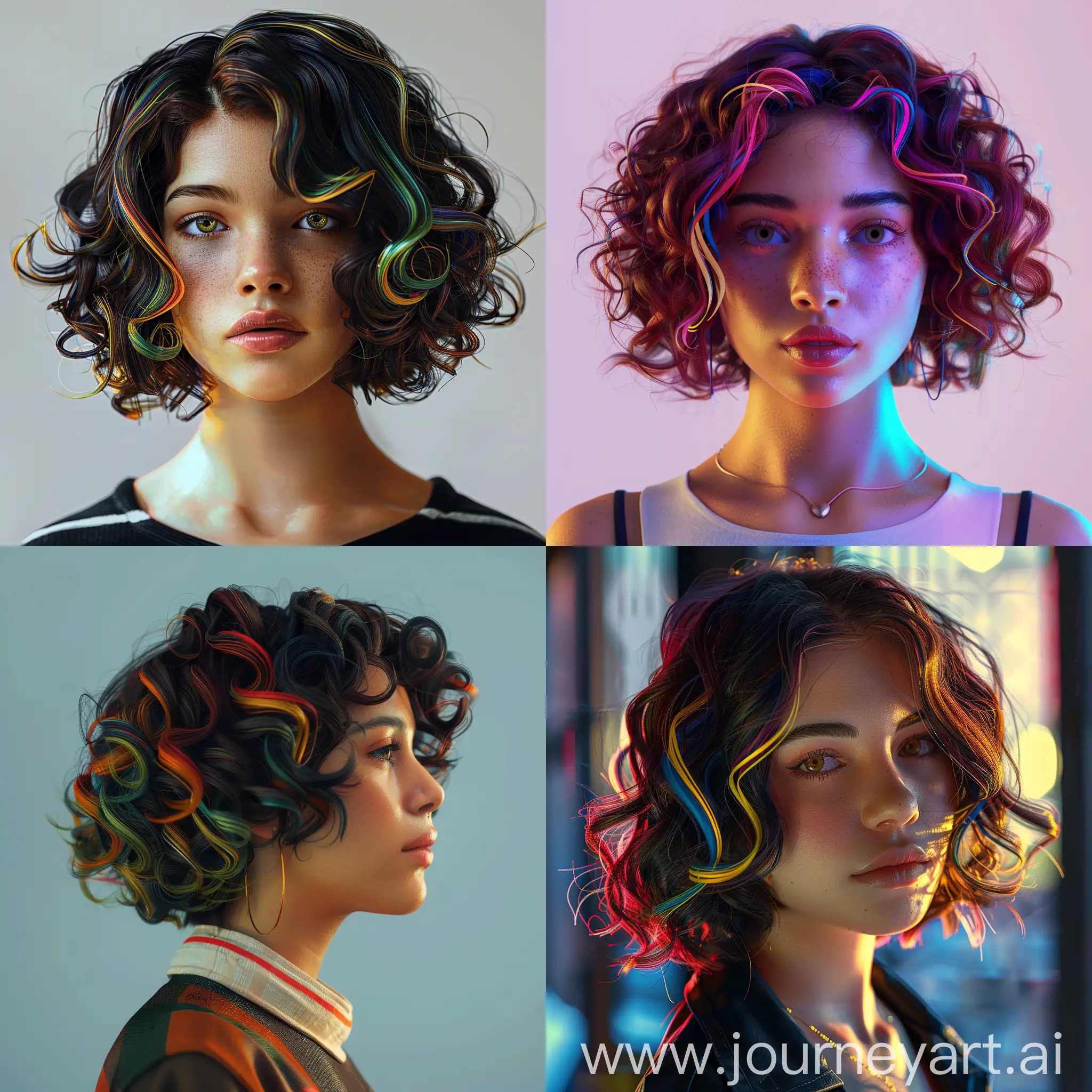4k, semi-realistic style, young woman, latina, curly short Brown hair with colourful highlights, technology, 