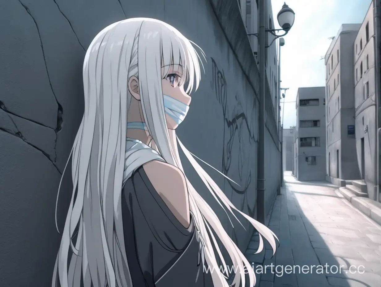 Красивая аниме девушка с длинными белыми волосами; Девушка грустная; У девушки пластырь на лице; Девушка стоит одна в городе у стенки