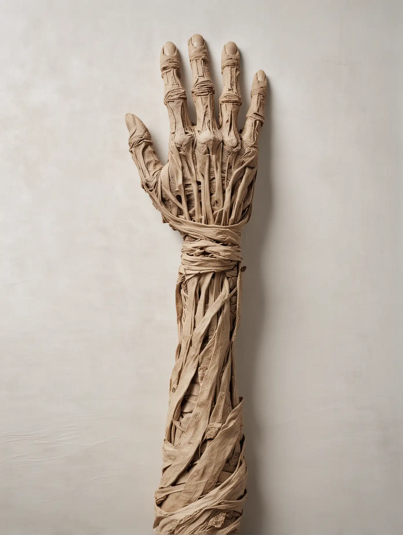 Main et avant-bras momifiée qui sorte de l'image,  sur un drap blanc 

