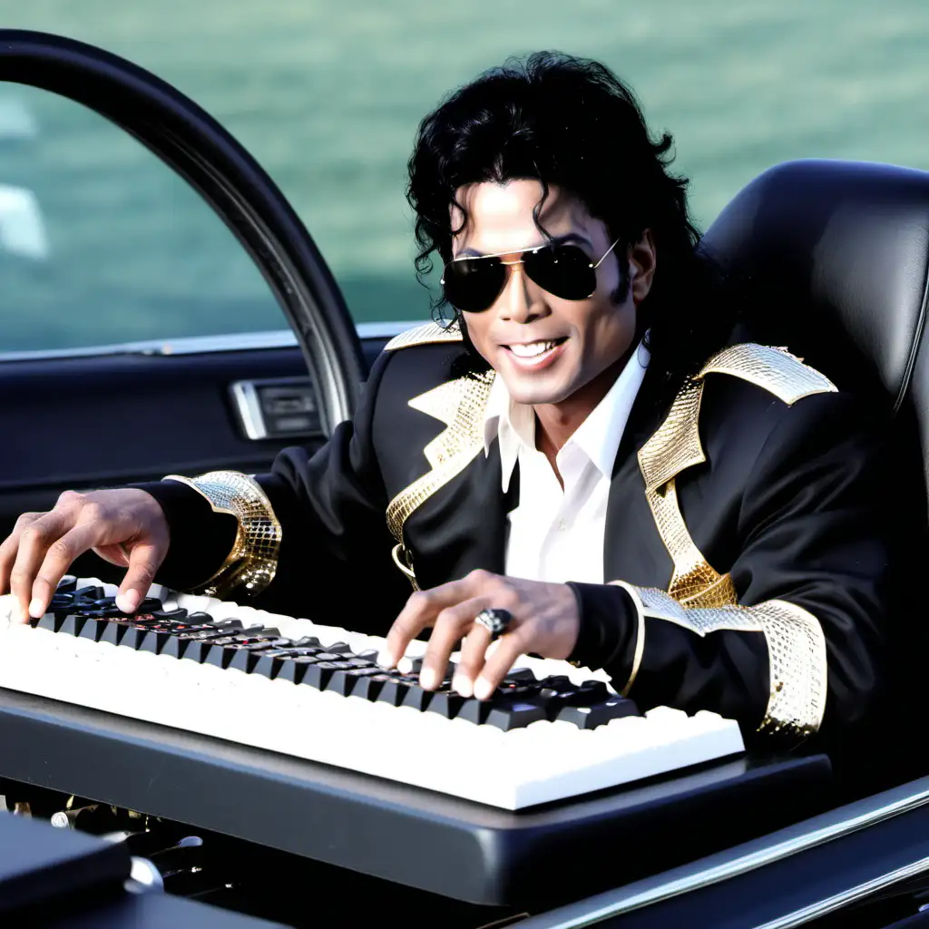 Michael Jackson driving a keyboard with wheels 