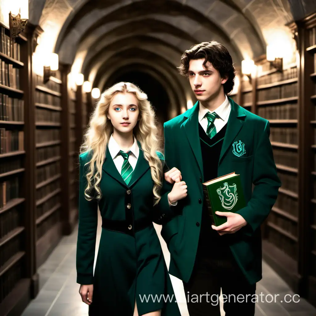 A young handsome attractive guy with dark slightly curly hair in the form of Slytherin is walking down the corridor of Hogwarts with a hand on the shoulder of a young beautiful girl with blond hair, blue eyes, in the hands of a book