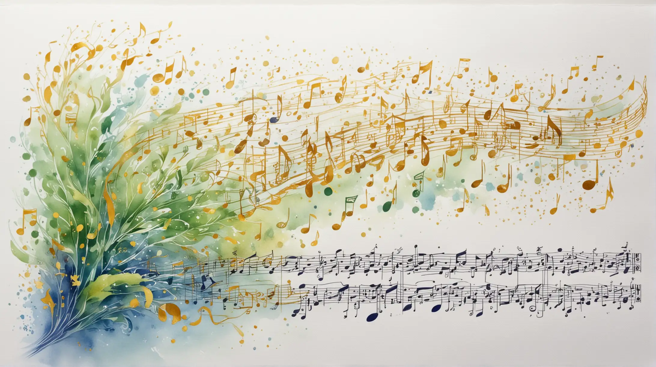 on a white background, painted in watercolor in anime style, curly sheet music with flying golden notes, green, yelou, blue, spring waltz, inspiration, flight, fantasy