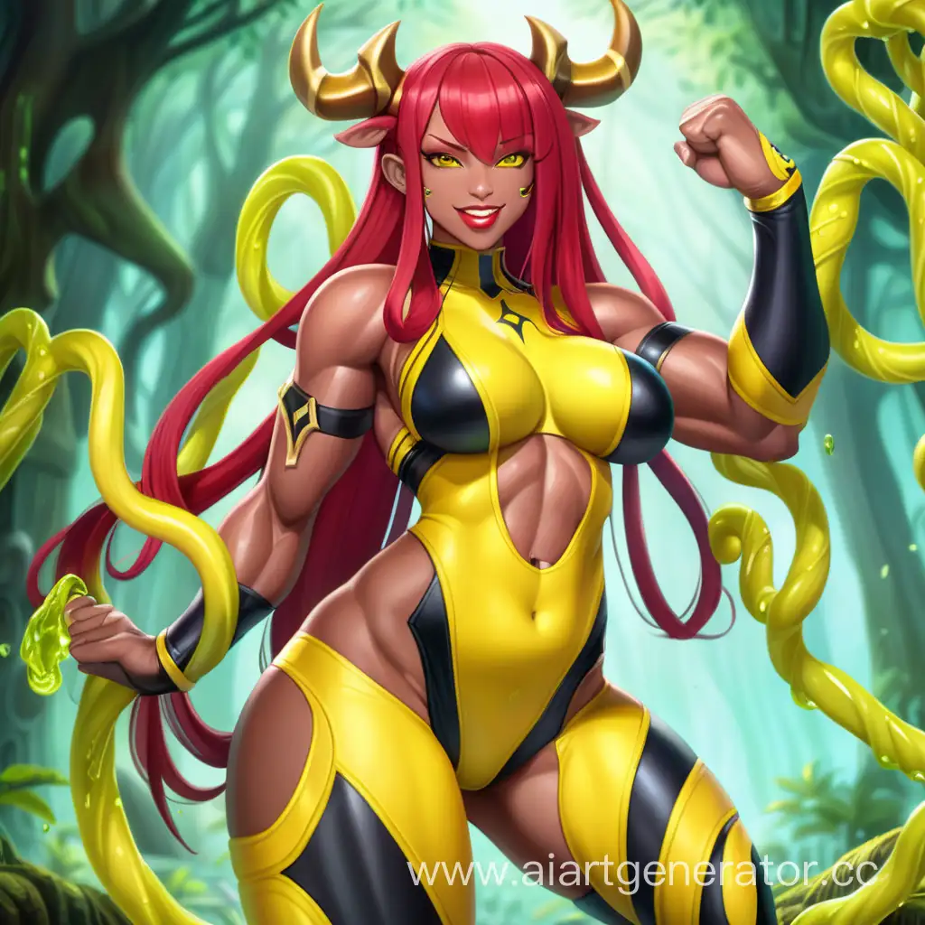 Fantasy Forest, 1 Person, Women, Human, Yellow Horns, Scarlet Red Hair, Long hair, Ponytail Hairstyle, Dark Brown Skin, Yellow Slime Full Body Suit,  Chocer,  Slime Chains, Red Lipstick, Serious smile, Big Breasts, Golden-eyes, Sharp Eyes, Flexing Muscles, Big Muscular Arms, Big Muscular Legs, Well-toned body, Muscular body, Yellow Slime Tendrils