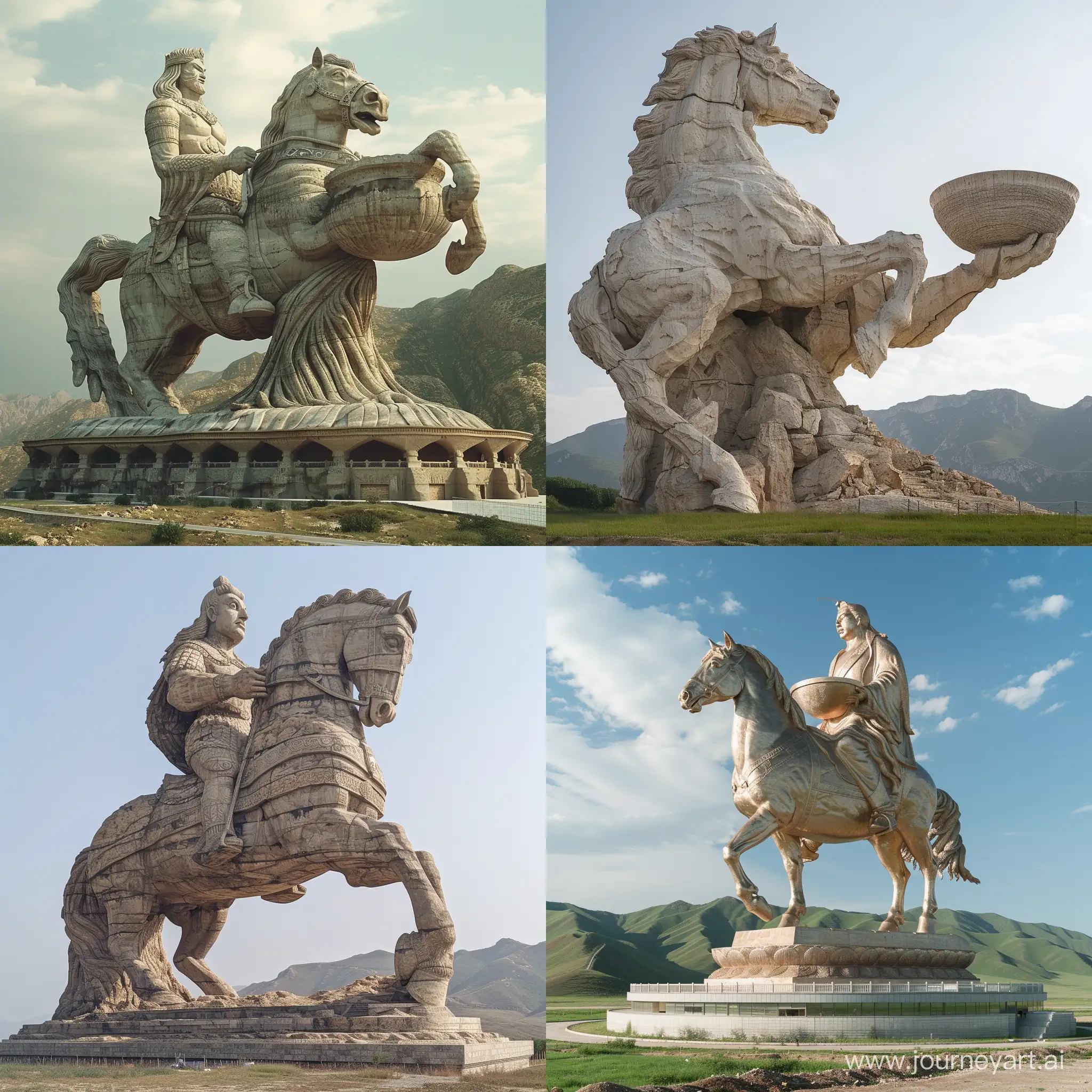 A huge statue of a horseman located in the mountains. The horse stands on its hind legs, and the rider holds a large stone bowl in his hands.