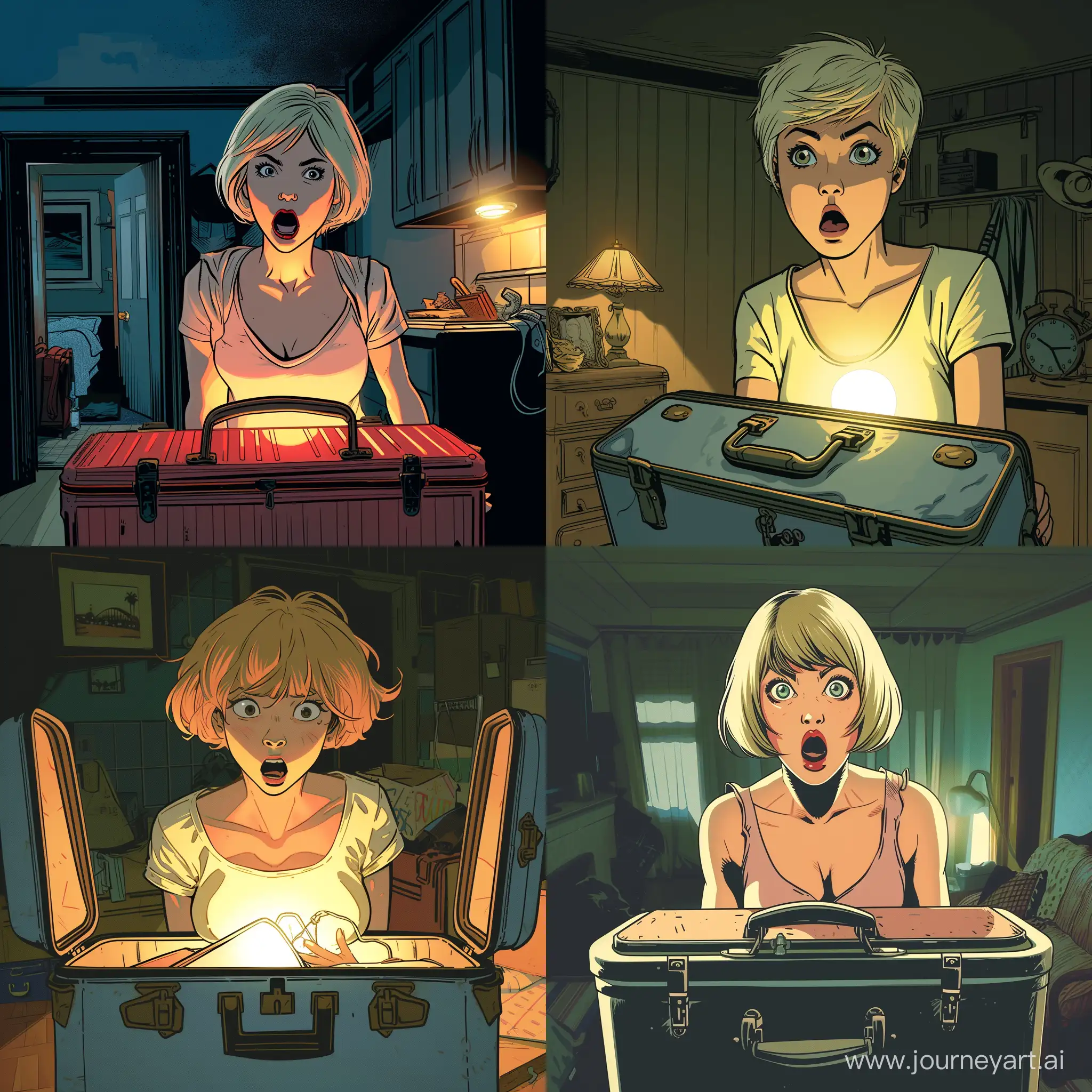 A girl with short blond hair at home, she is shocked when opened the suitcase, room has little lighting, modern american comic book style.
