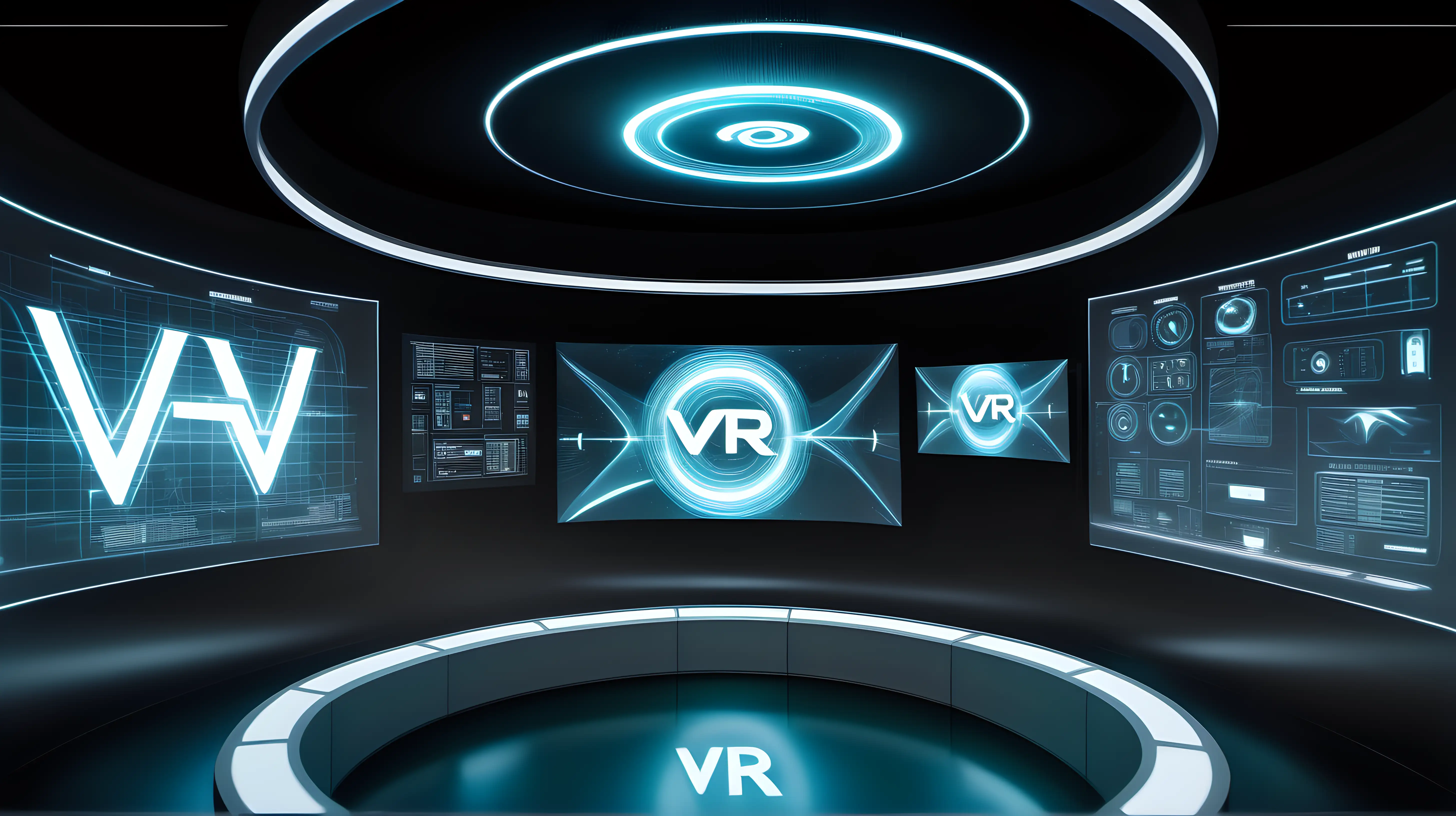 "VR" projected onto a transparent, holographic screen in the center of a sleek, minimalist control room, highlighting the futuristic interface of virtual reality systems.
