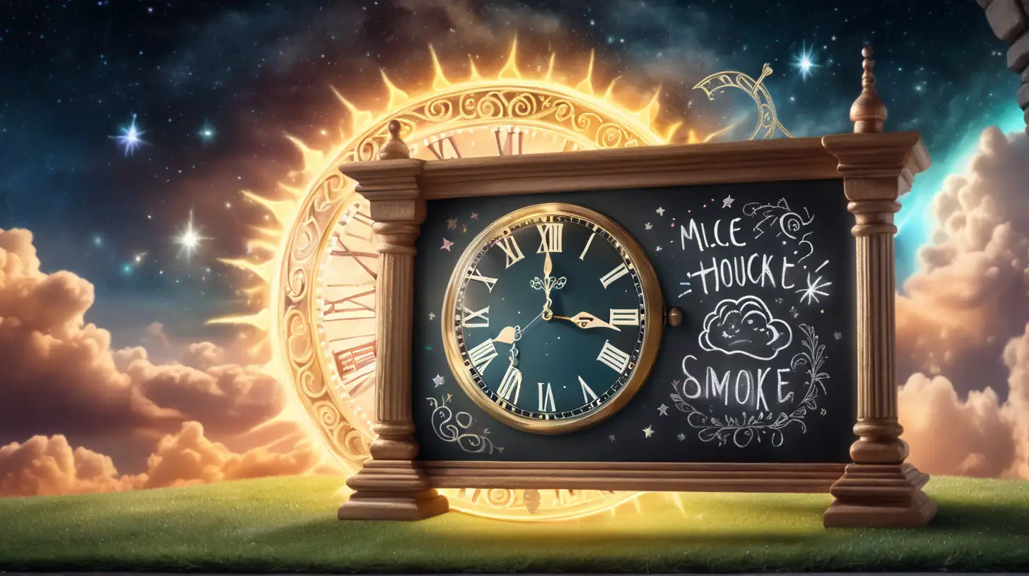 a glowing magical clock clouds and the sun inside of it with magical-fairytale chalk board as a YouTube banner