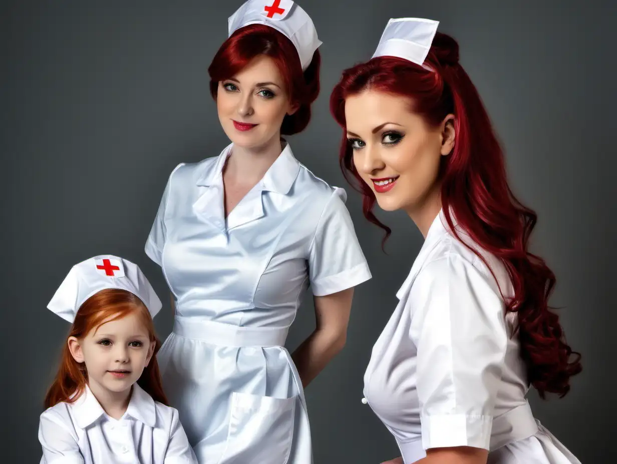 Adorable Girl in Long Satin Nurse Uniforms with Mothers Red Hair