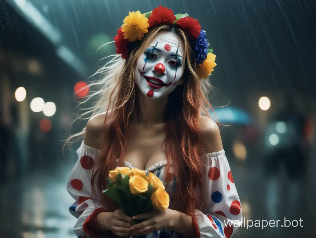 A beautiful woman with beautiful long hair, a clown pattern painted on her nose, and a bouquet of flowers in her hand, dancing in the rain and performing to her heart's content. Film like lighting and dramatic atmosphere, Dustin Nguyen, Akihiko Yosh