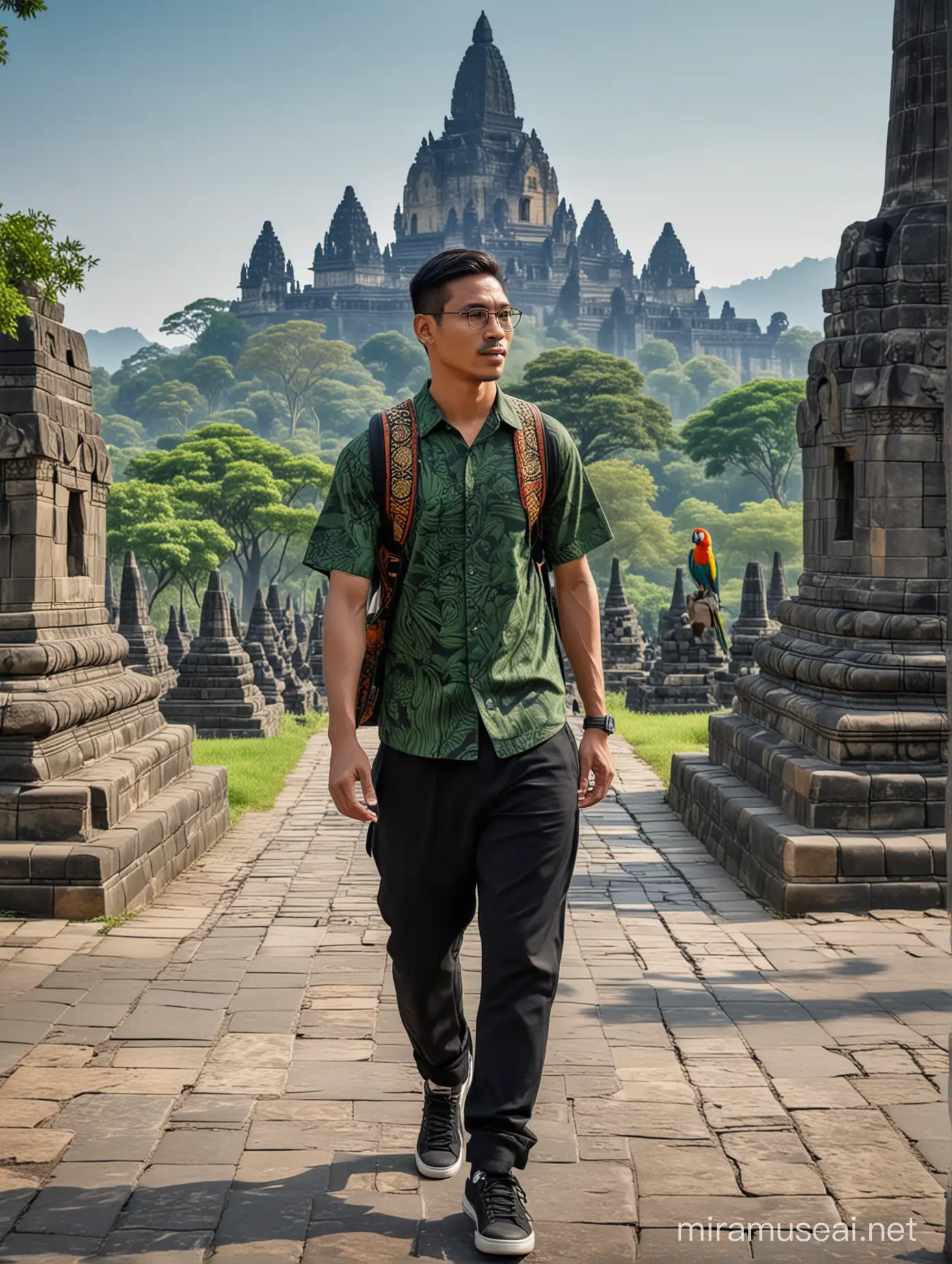 Seorang pria Indonesia tampan memakai batik modern berwarna hijau tua dan celana panjang hitam, memakai sepatu sneakers, seekor burung macau di pundaknya, berdiri menghadap kamera di bawah candi borobudur Indonesia resolusi ultraHD 32K, HDR, lensa 800mm, realistis , hiperrealistik, fotografi, fotografi profesional,