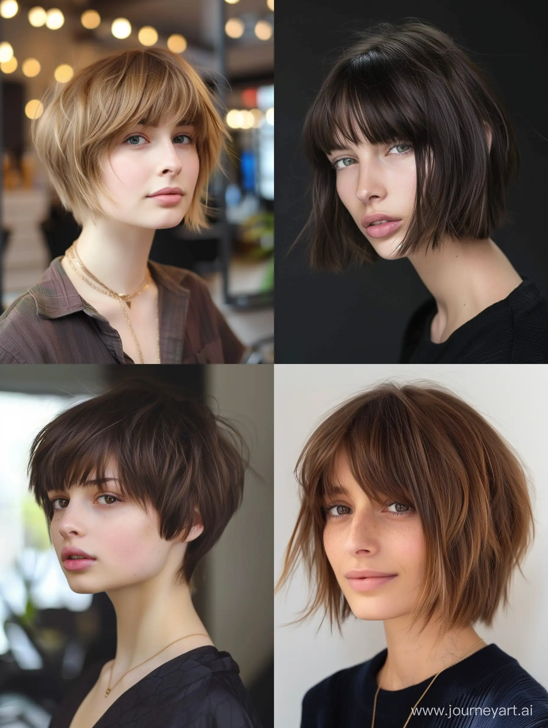 trendy layered short haircuts with bangs straight 2024 --v 6 --ar 3:4 --no 10922
